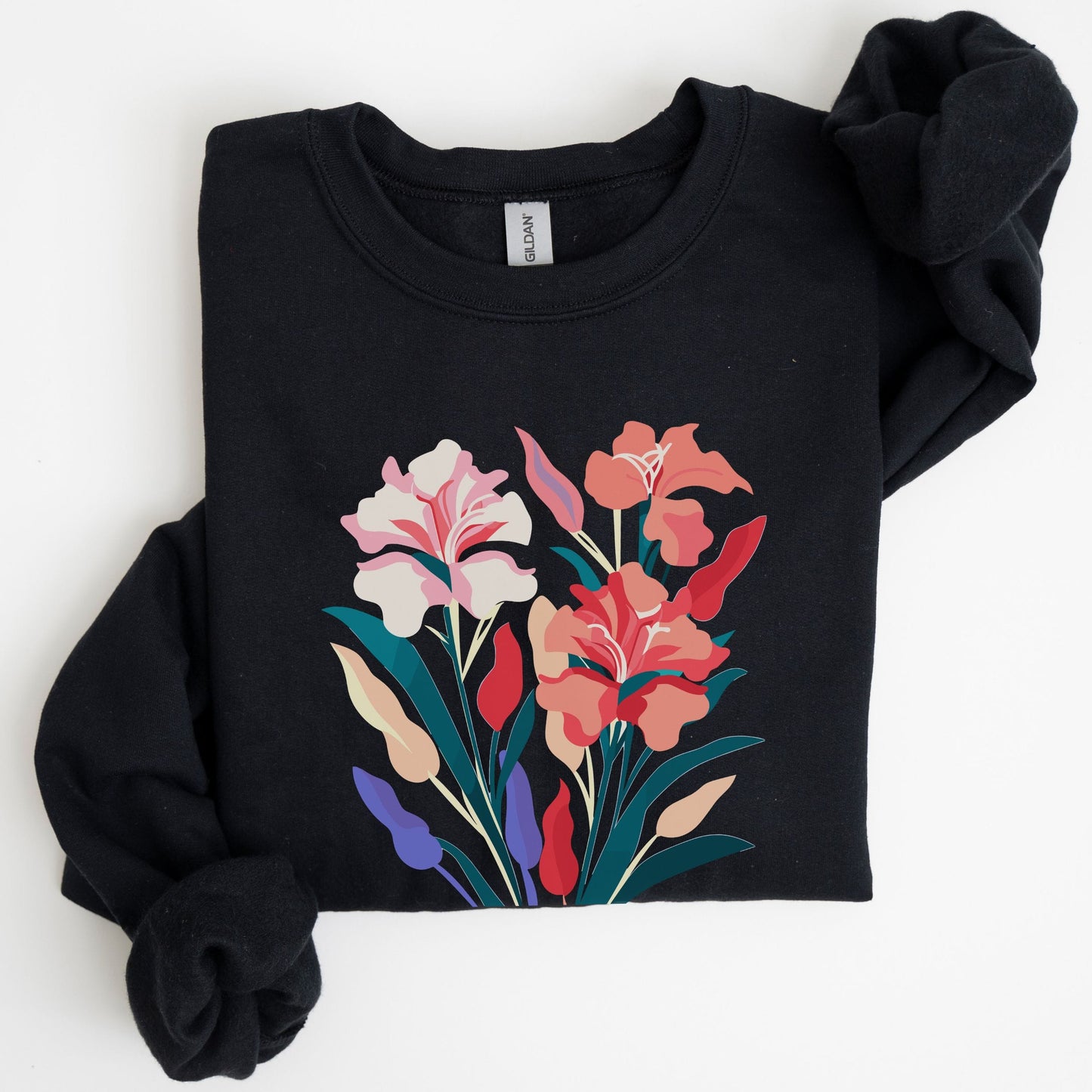 Black sweatshirt with floral design on a white background