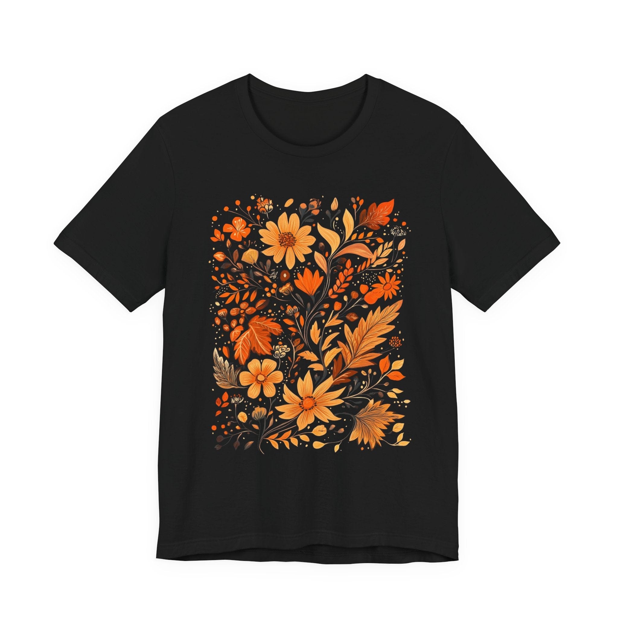 Flat lay of black t-shirt featuring orange and gold autumn floral design