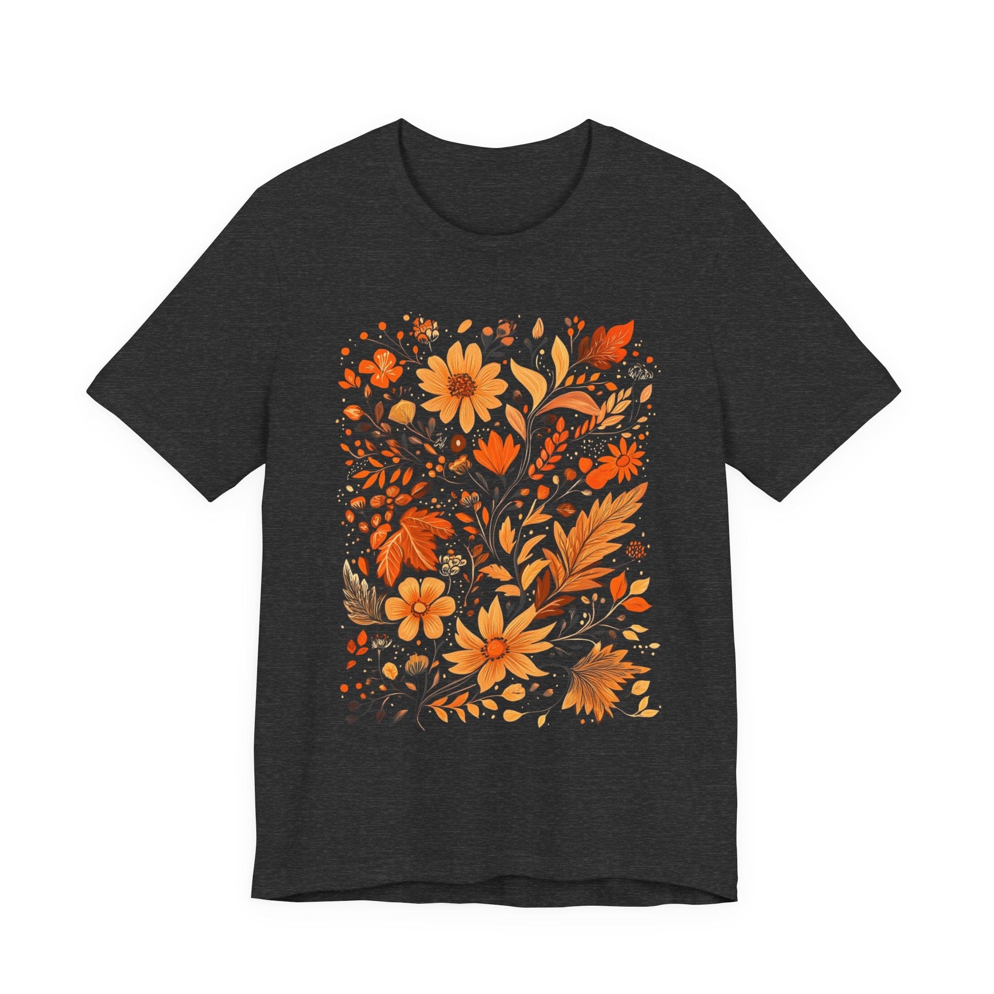 Flat lay of dark heather grey t-shirt featuring orange and gold autumn floral design