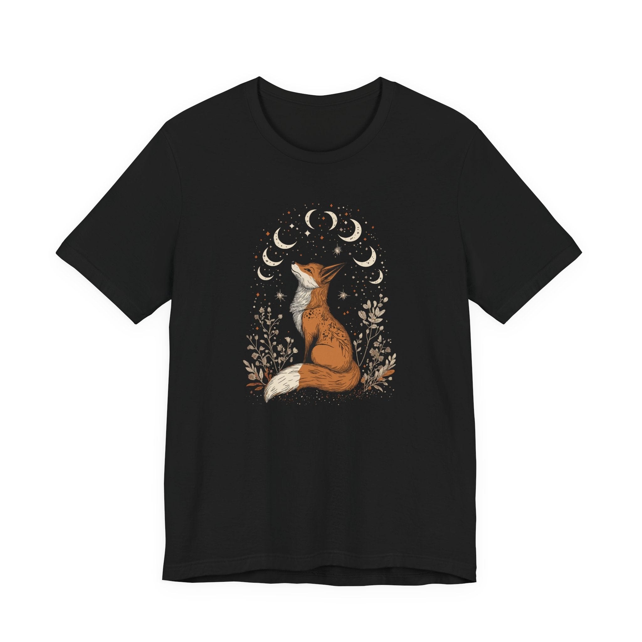 Black t-shirt with a fox and moon design on a white background