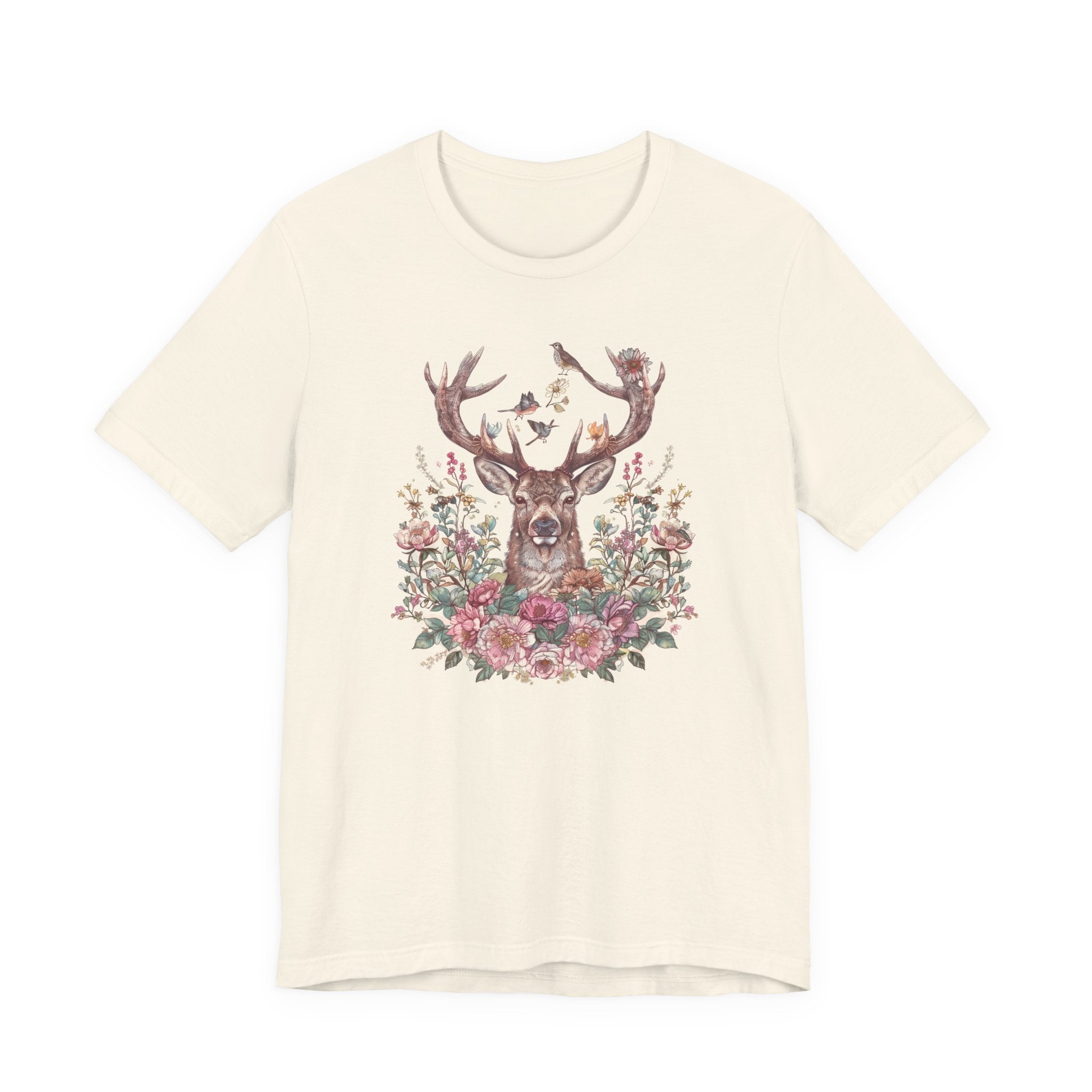 Beige t-shirt with a deer and floral design on a white background