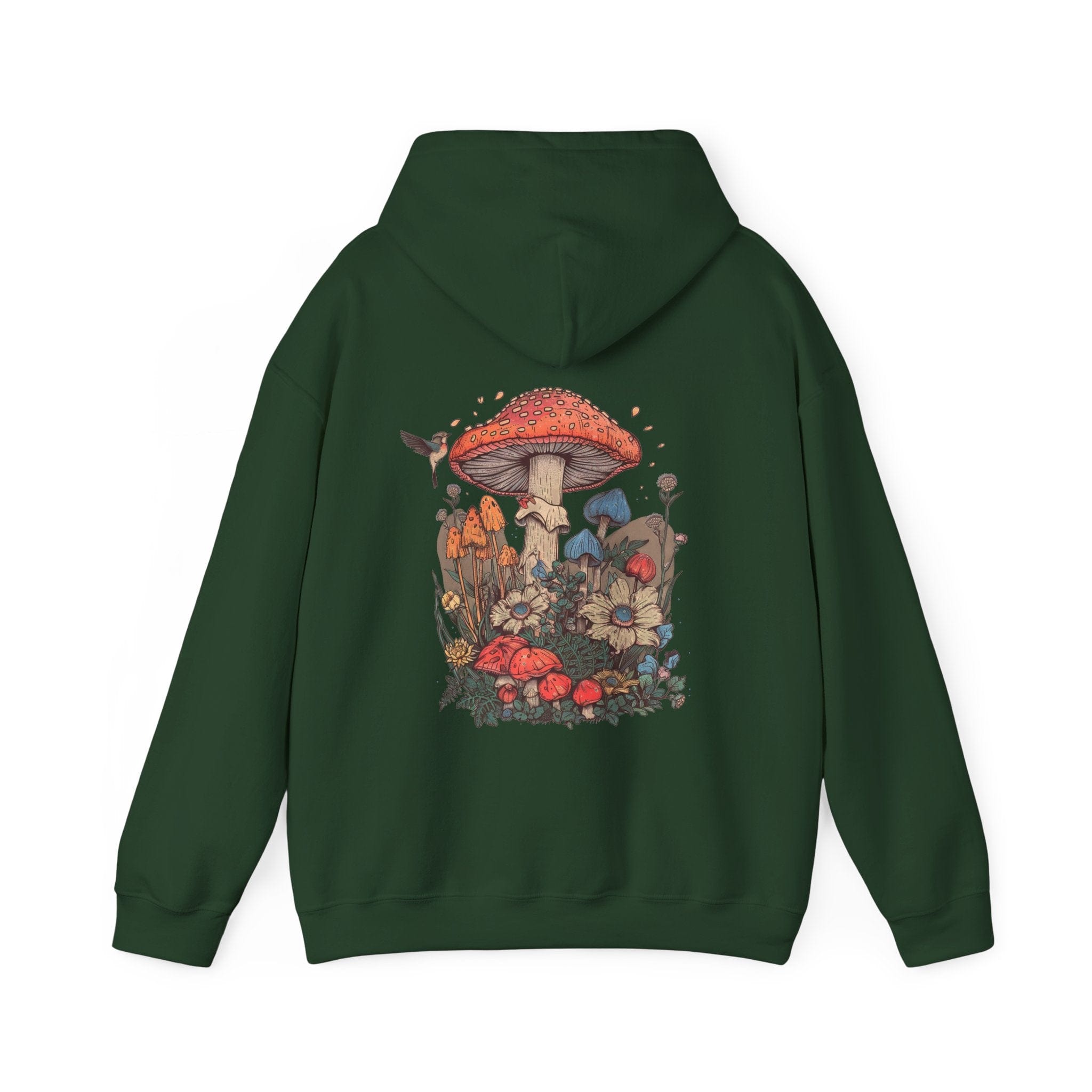 Green hoodie with a colorful mushroom design on the back against a white background