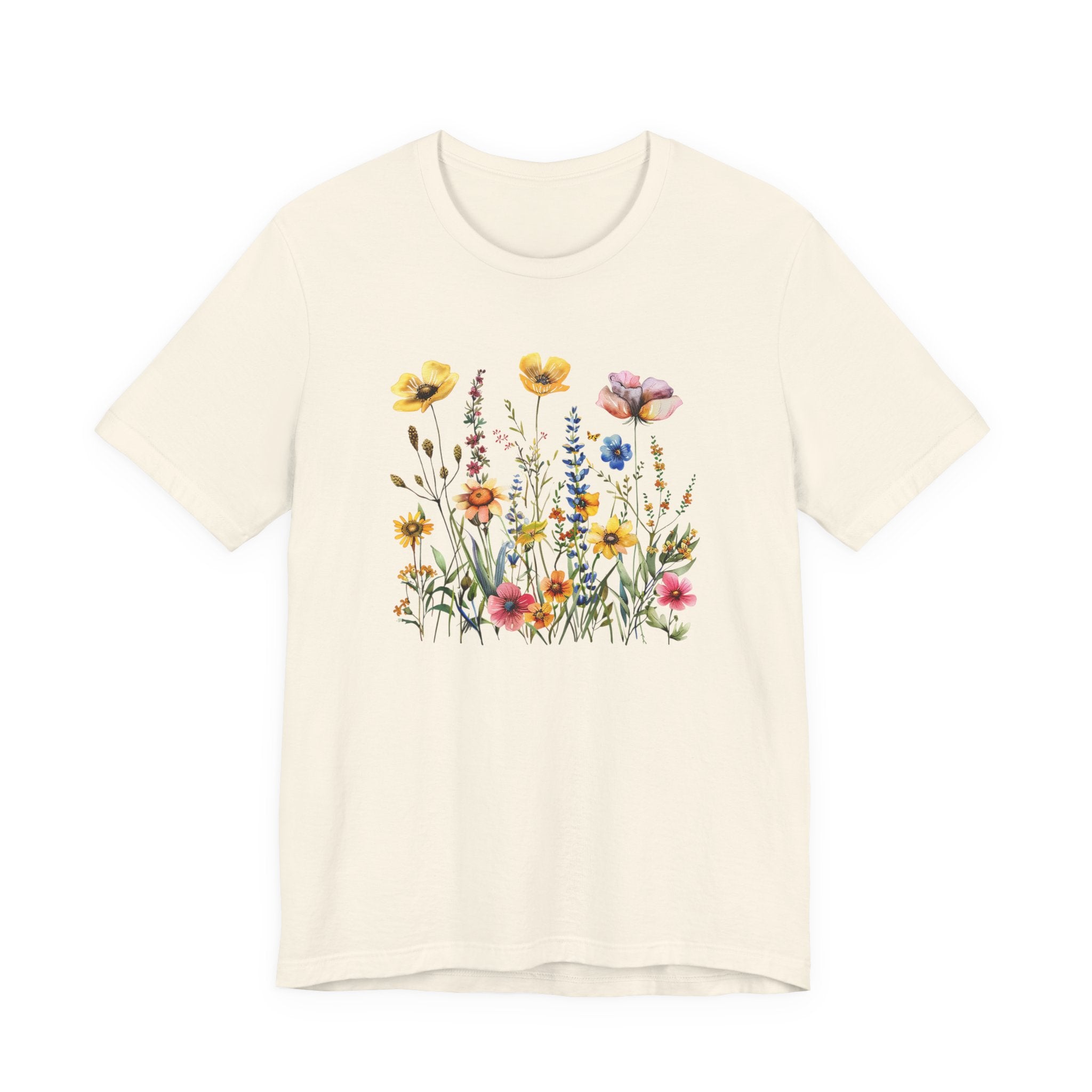 Beige t-shirt with colorful floral design on a white background