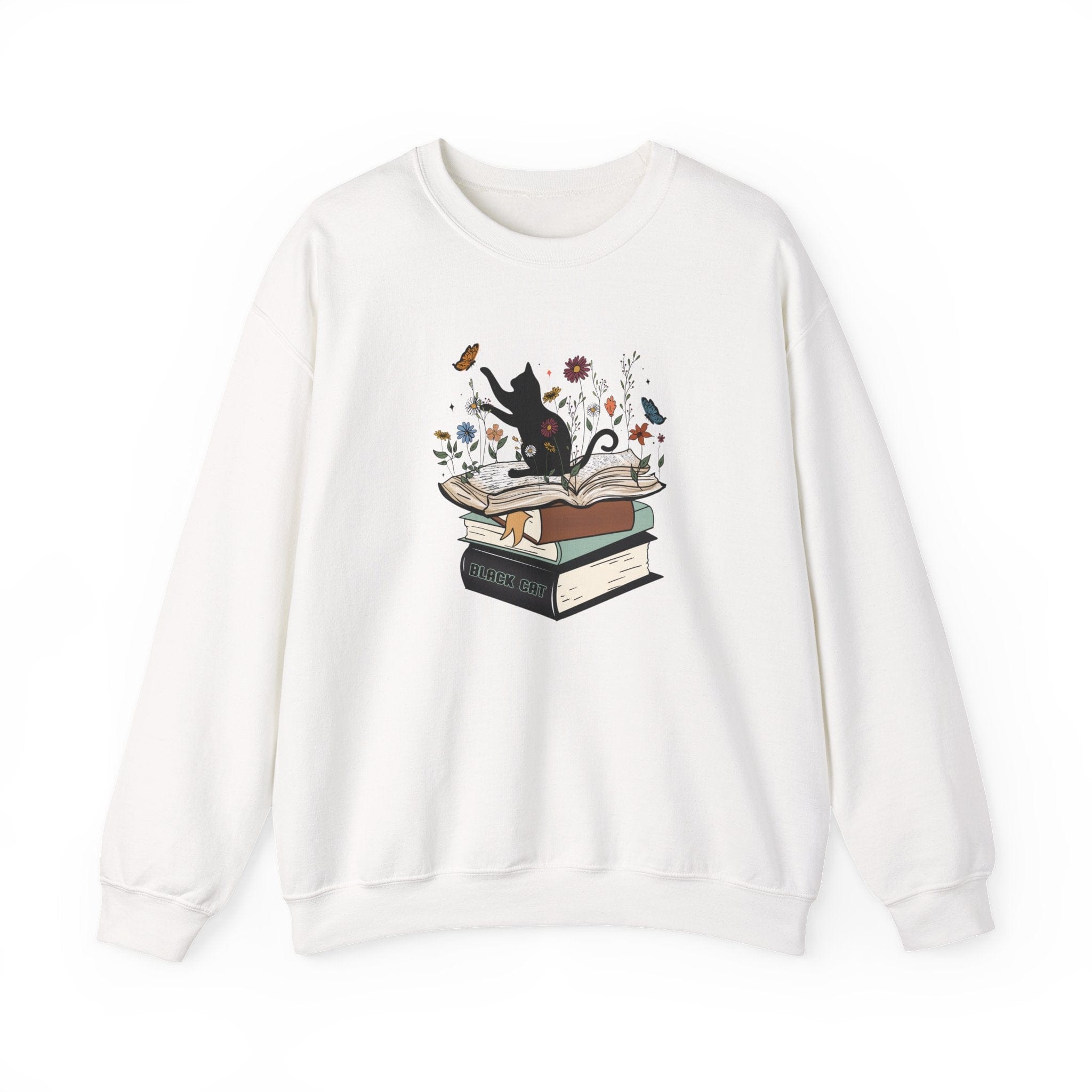 White sweatshirt with a graphic of a cat on books and flowers on a white background