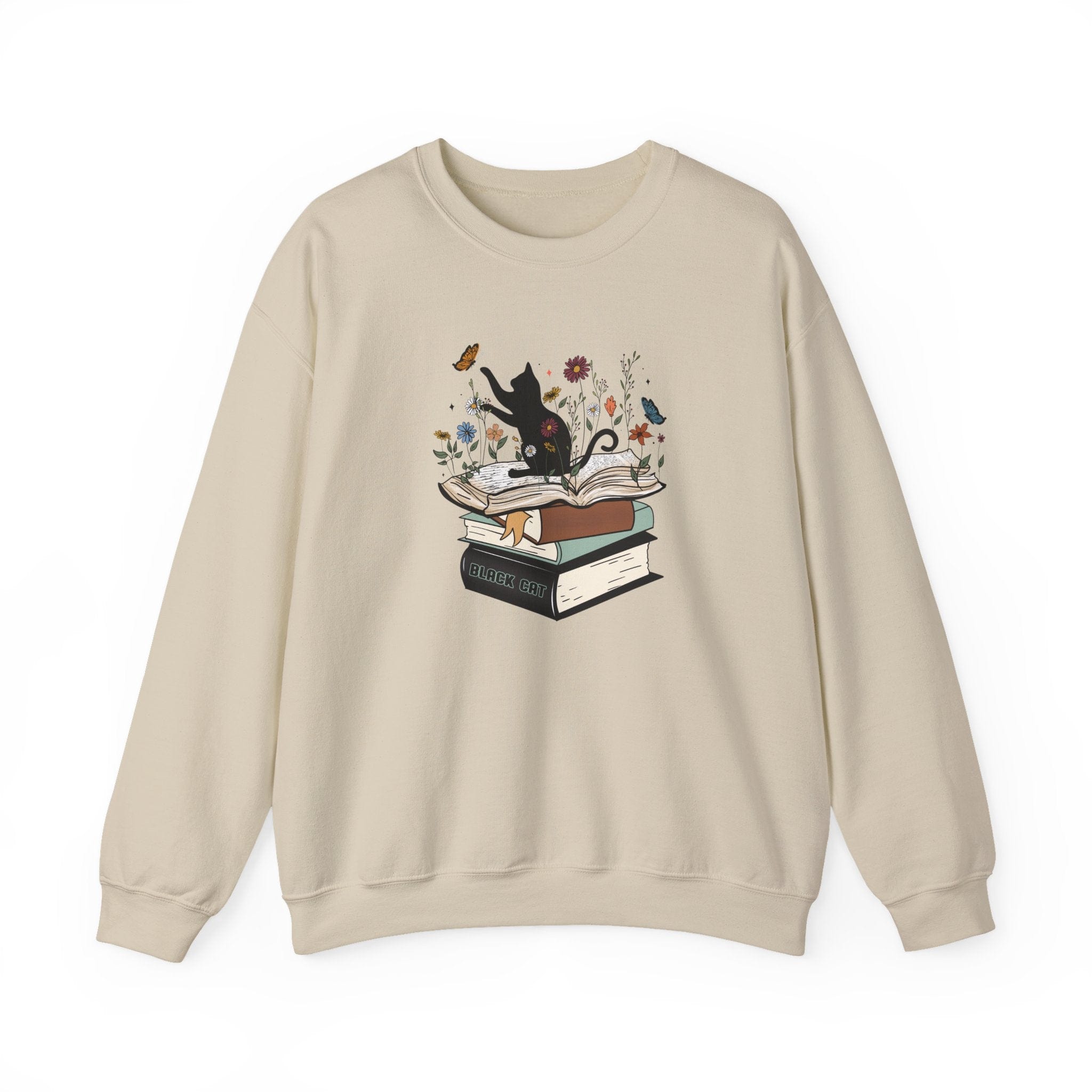 Beige sweatshirt with a black cat and books design on a white background