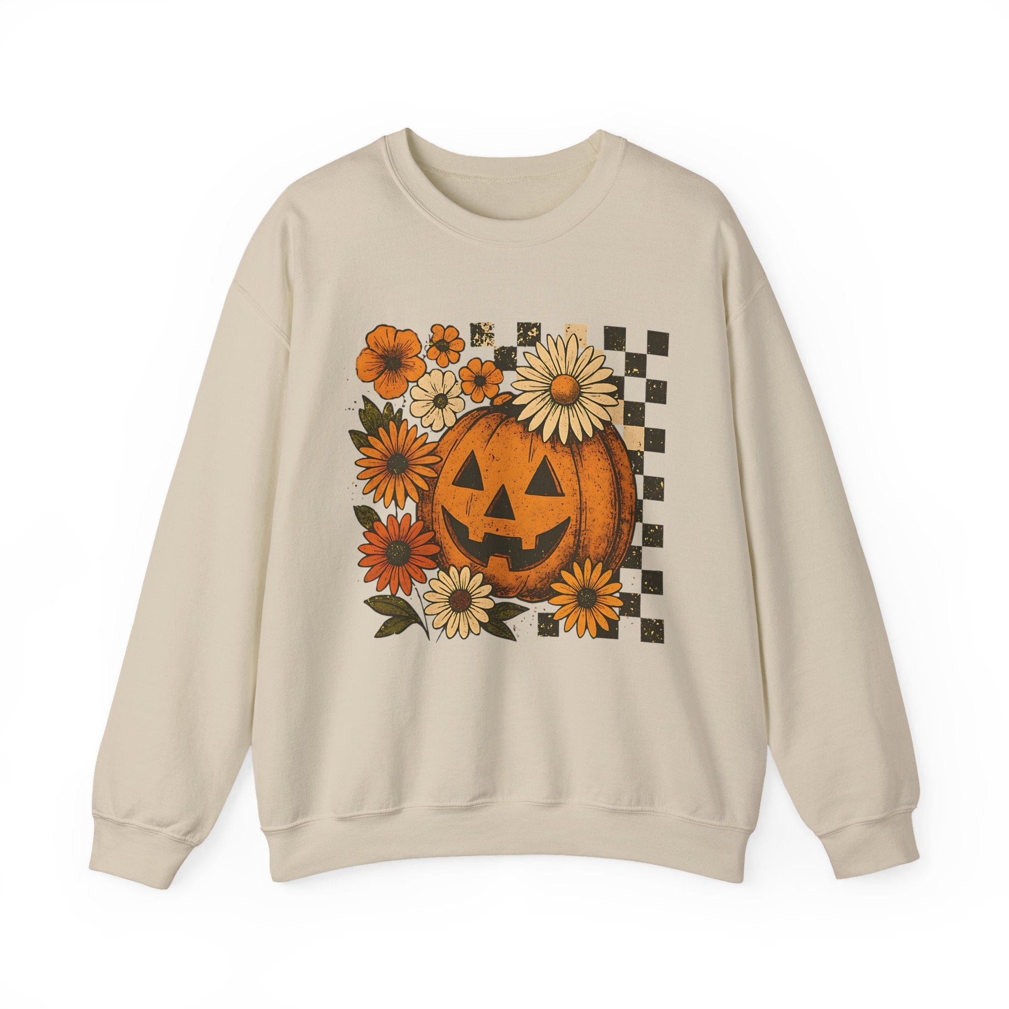 Beige sweatshirt with a pumpkin and floral design on a white background