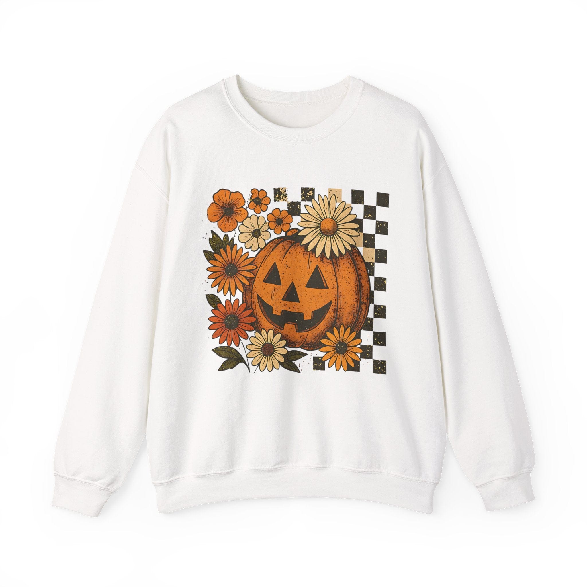 White sweatshirt with a Halloween-themed design featuring a pumpkin and flowers on a white background.