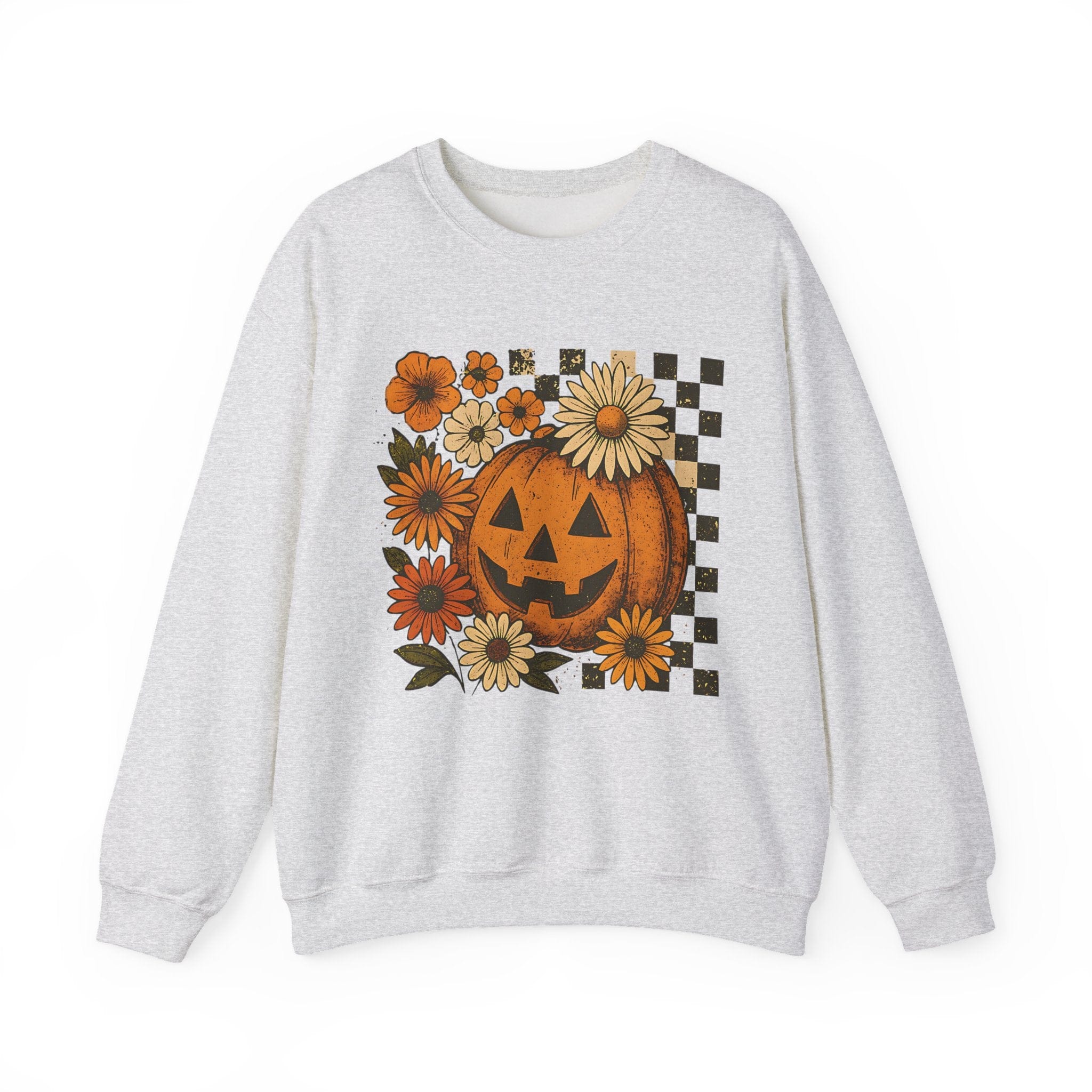 Gray sweatshirt with a pumpkin and floral design on a white background