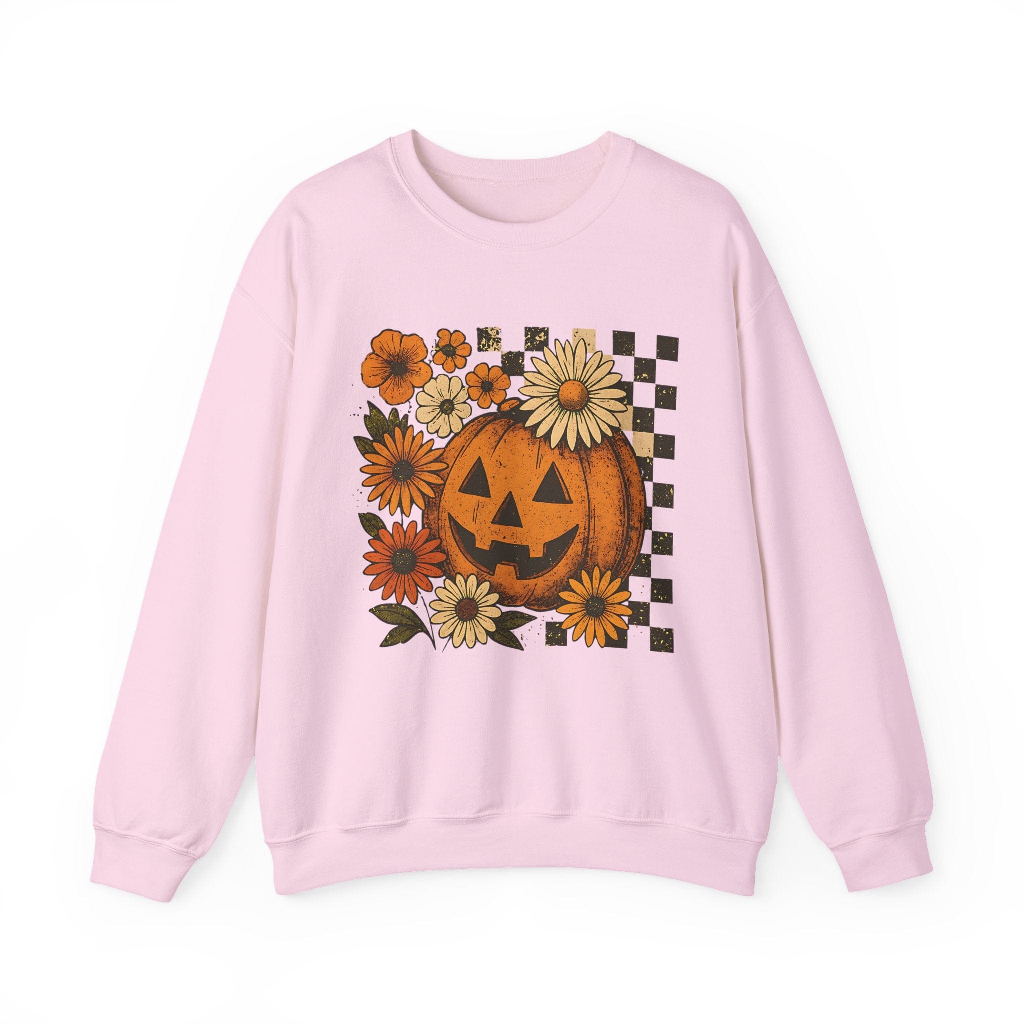 Light pink sweatshirt with a pumpkin and floral design on a white background