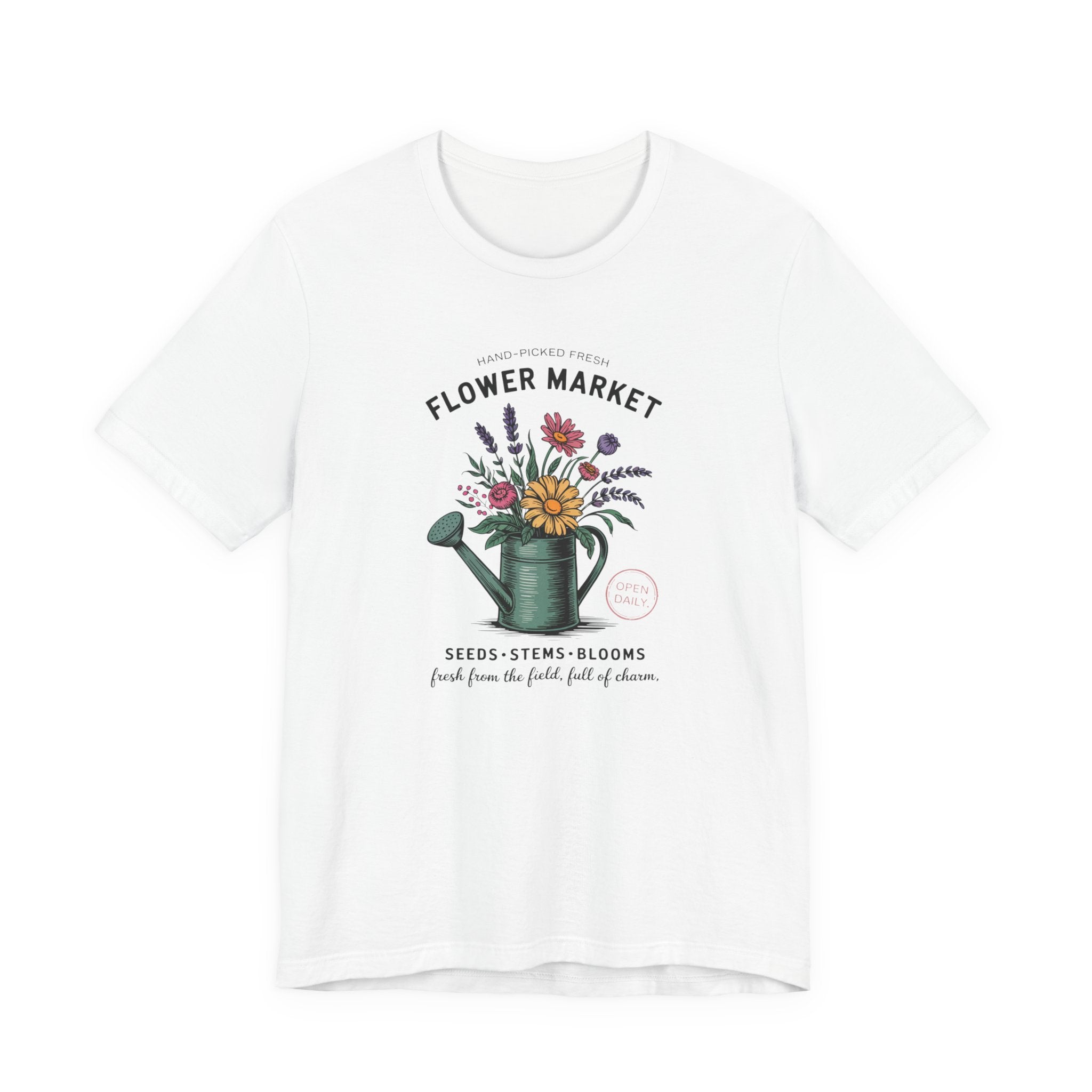 White t-shirt with 'Flower Market' graphic featuring a watering can and flowers on a white background