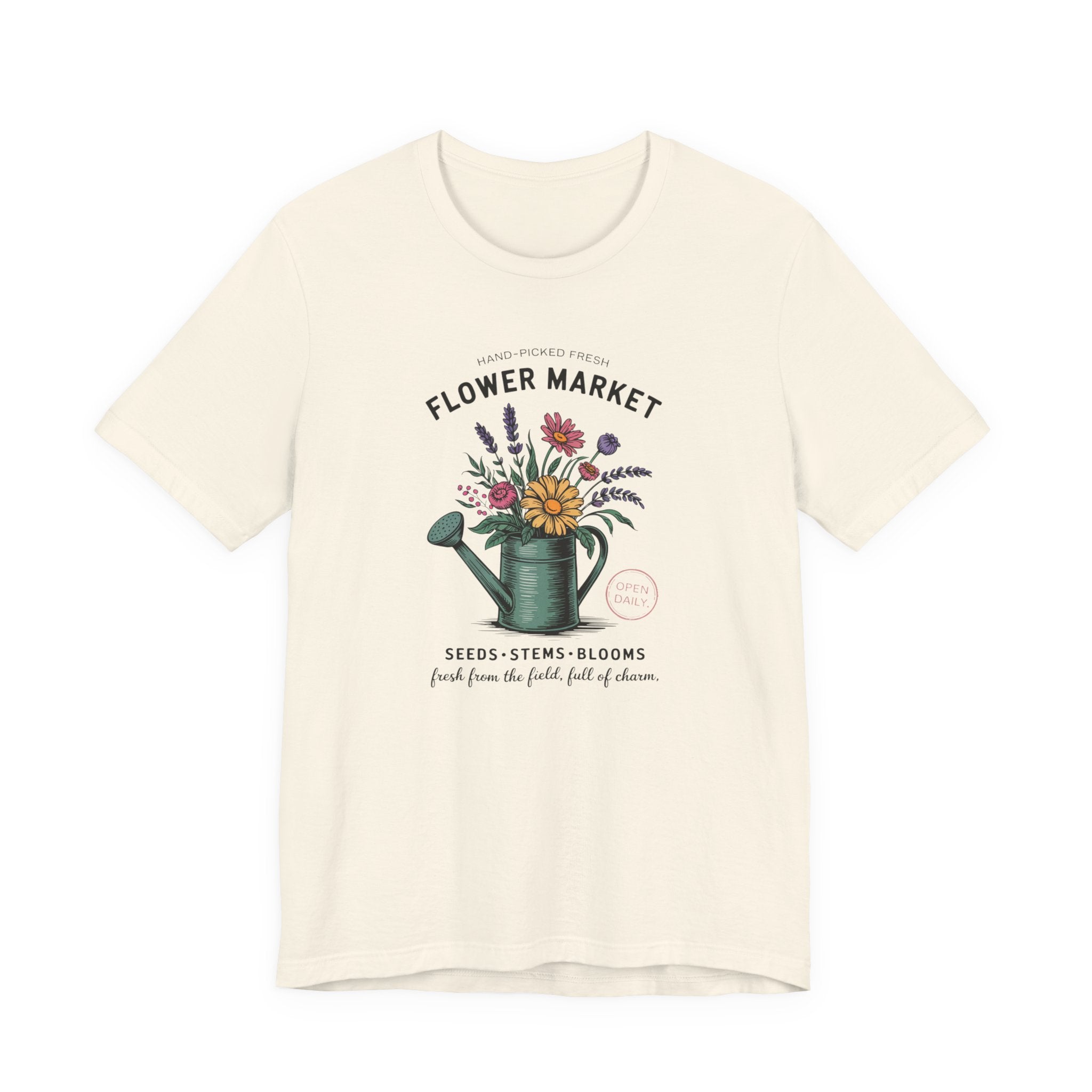Beige t-shirt with floral design and text on a white background