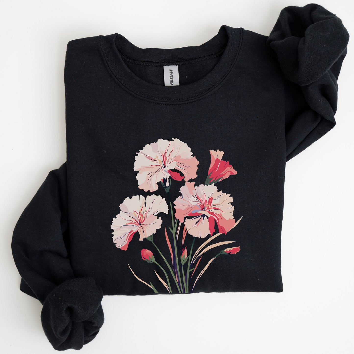 Black sweatshirt with pink floral design on a white background