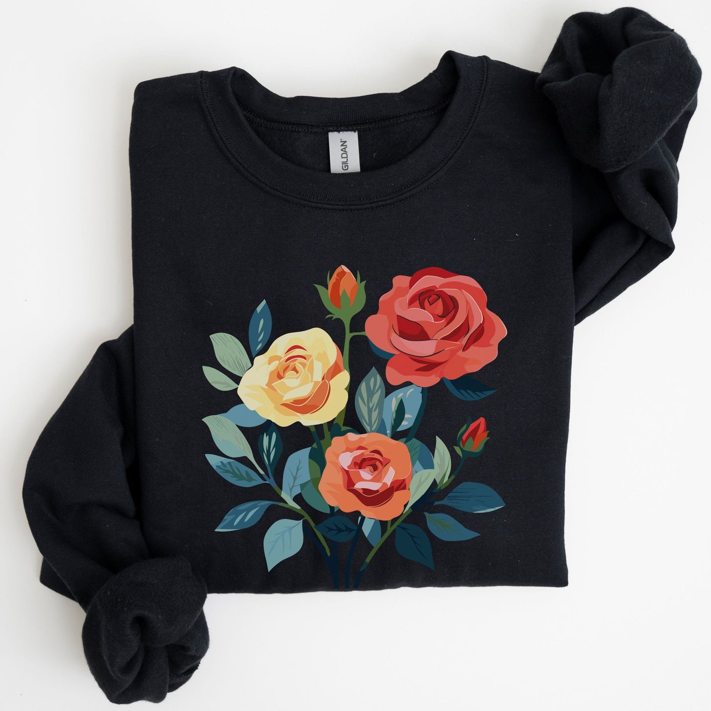 Black sweatshirt with floral design on a white background
