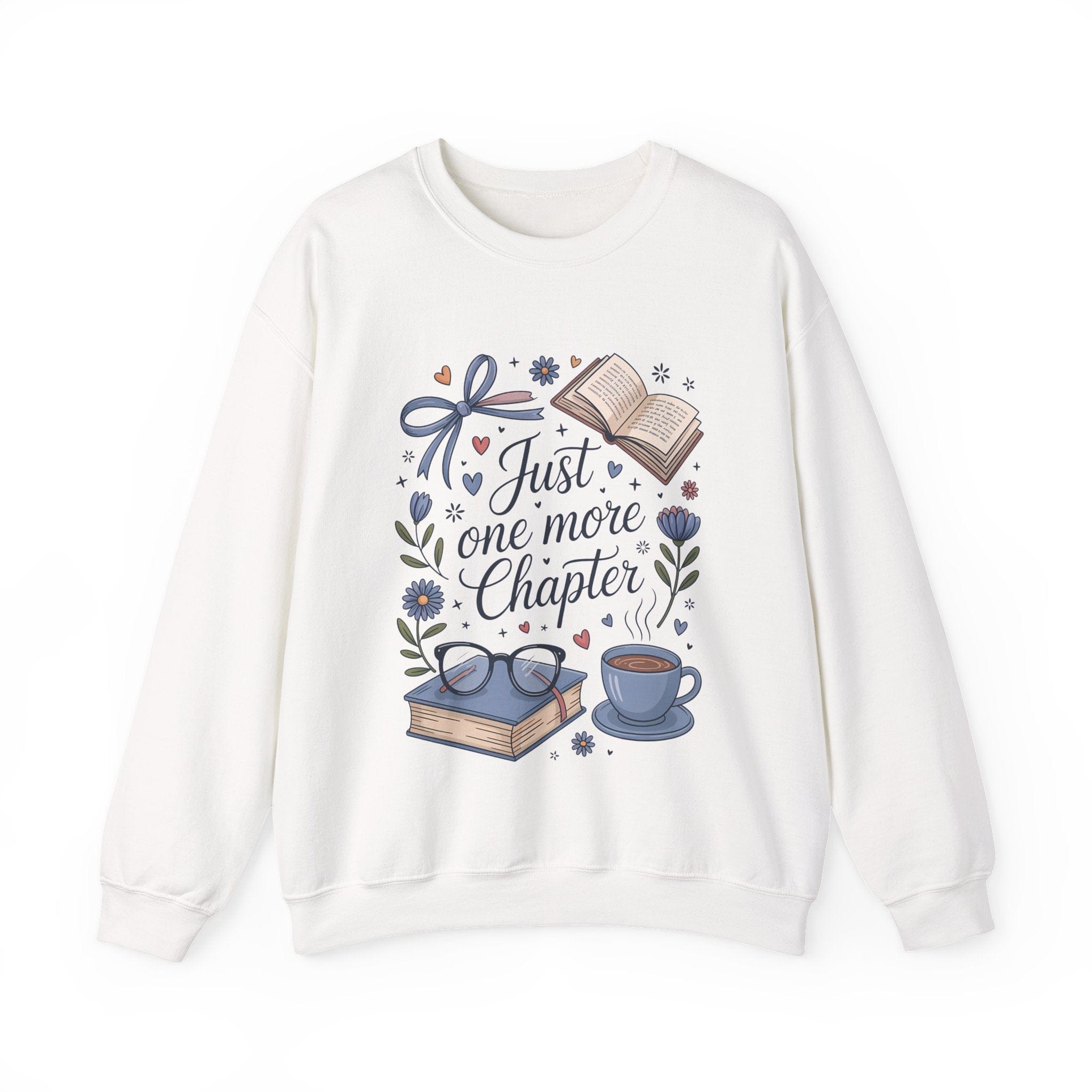 White sweatshirt with book-themed design and text 'Just one more chapter' on a white background