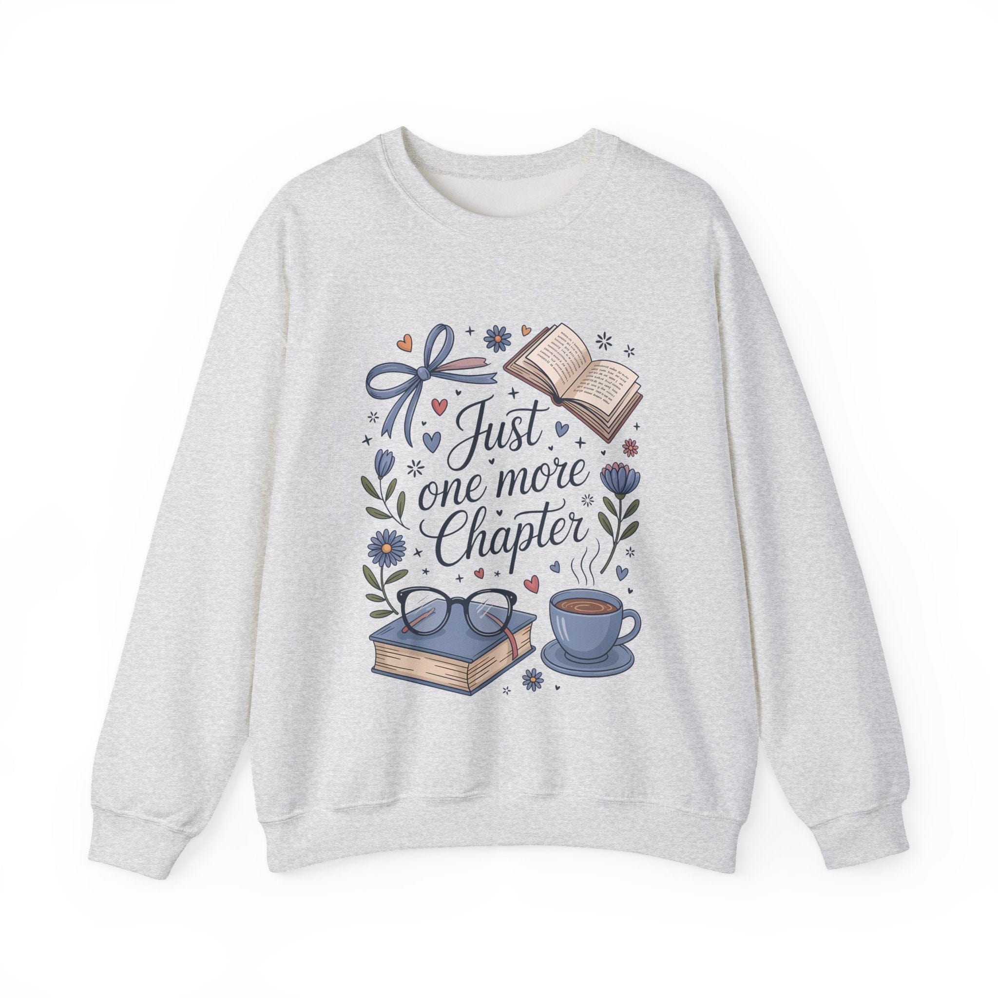 Gray sweatshirt with book-themed design and 'Just one more chapter' text on a white background