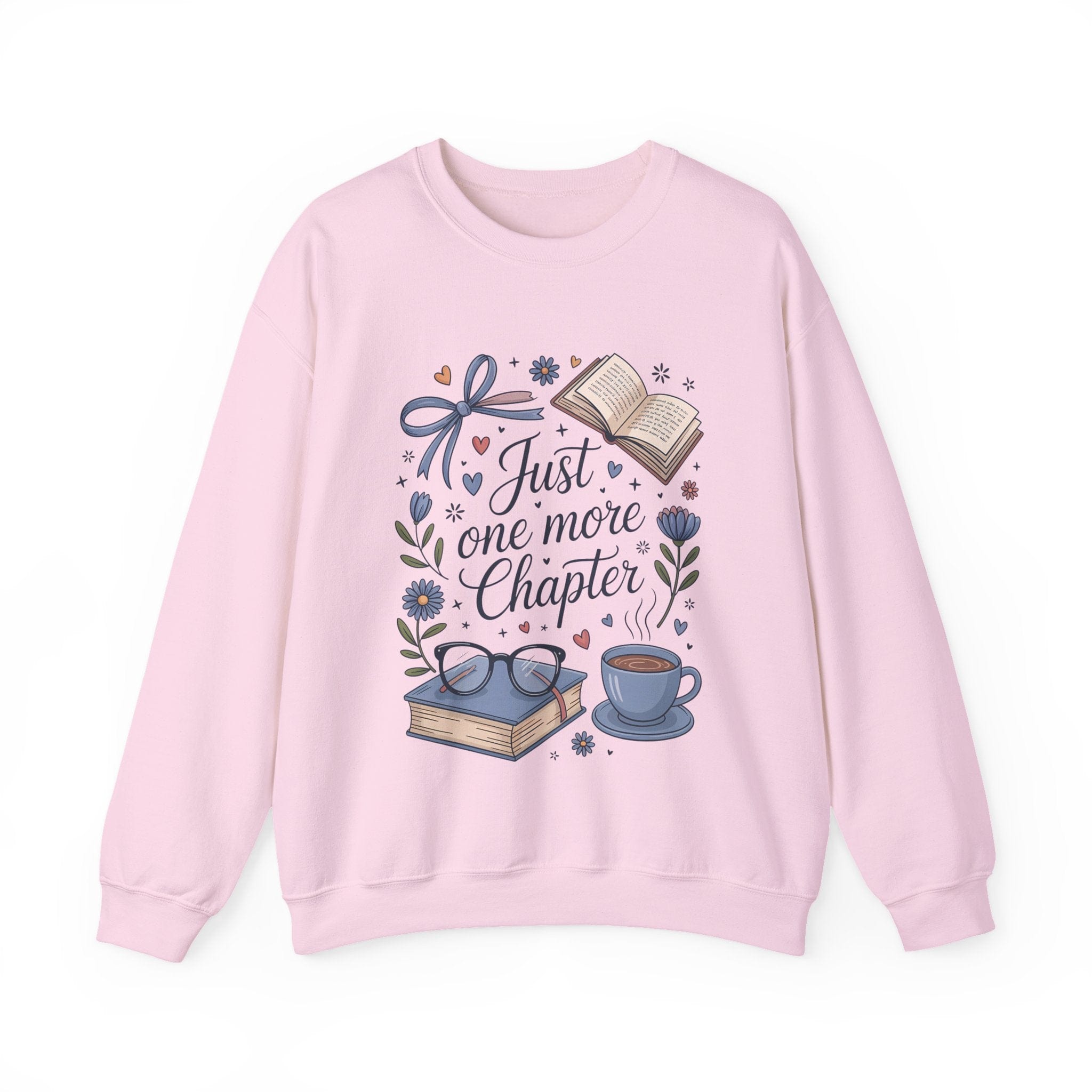 Pink sweatshirt with book-themed design and text 'Just one more chapter' on a white background