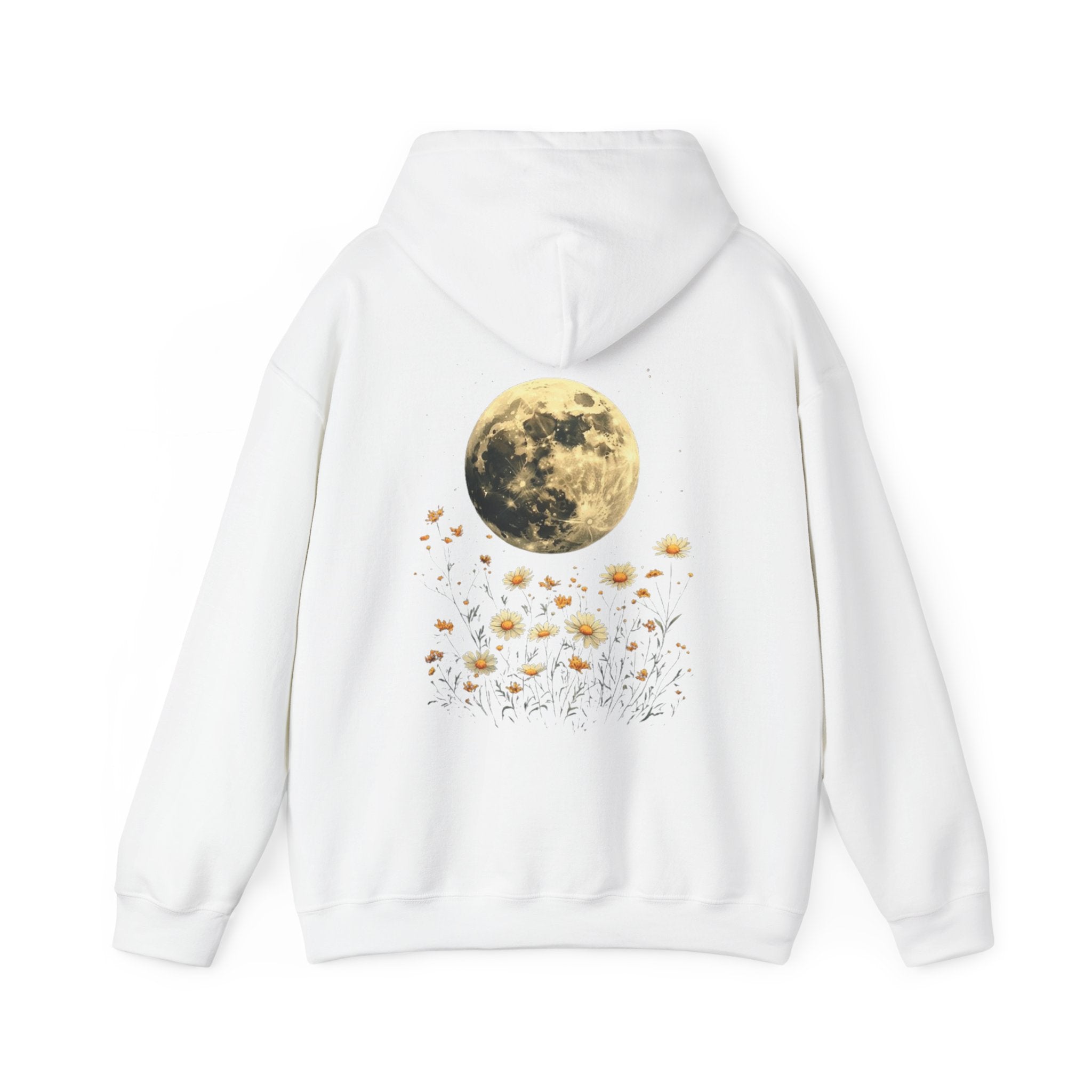 White hoodie with a moon and floral design on the back against a white background