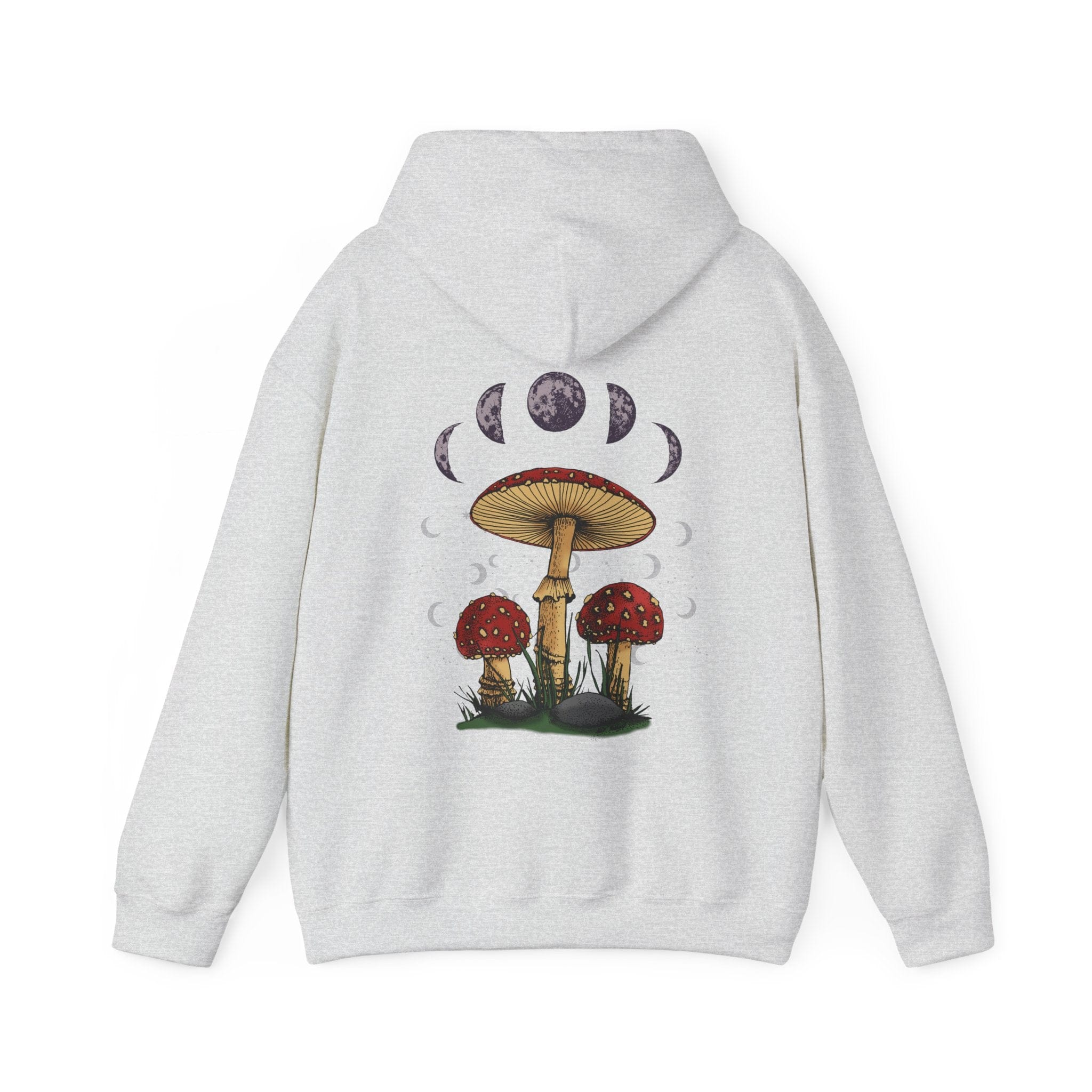 Gray hoodie with mushroom and moon phase design on the back against a white background