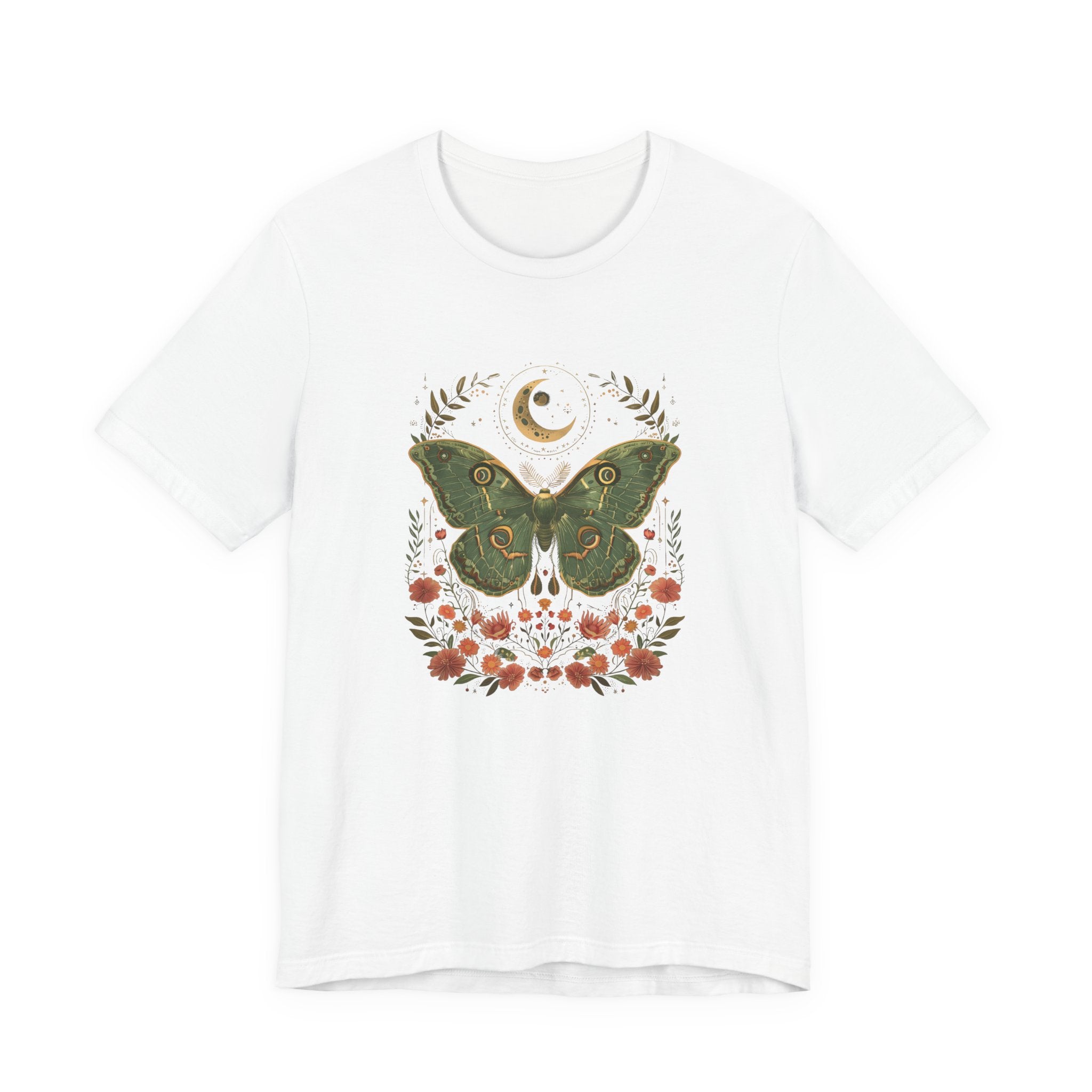 White t-shirt with a moth and floral design on a white background