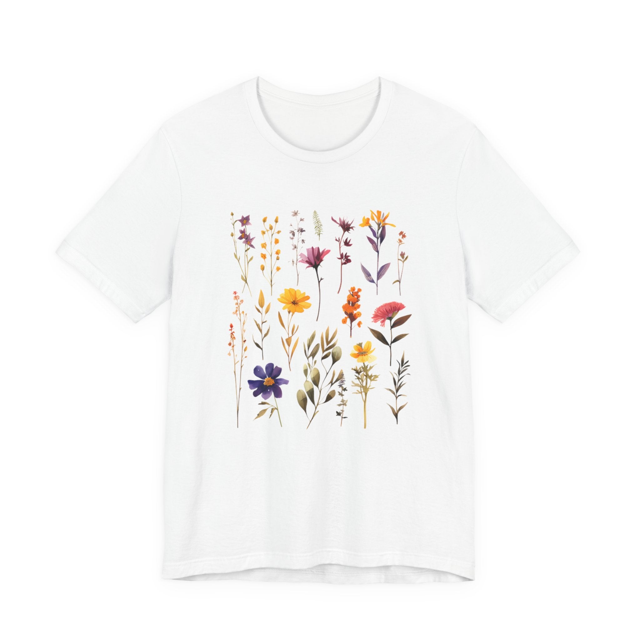 White t-shirt with colorful floral design on a white background