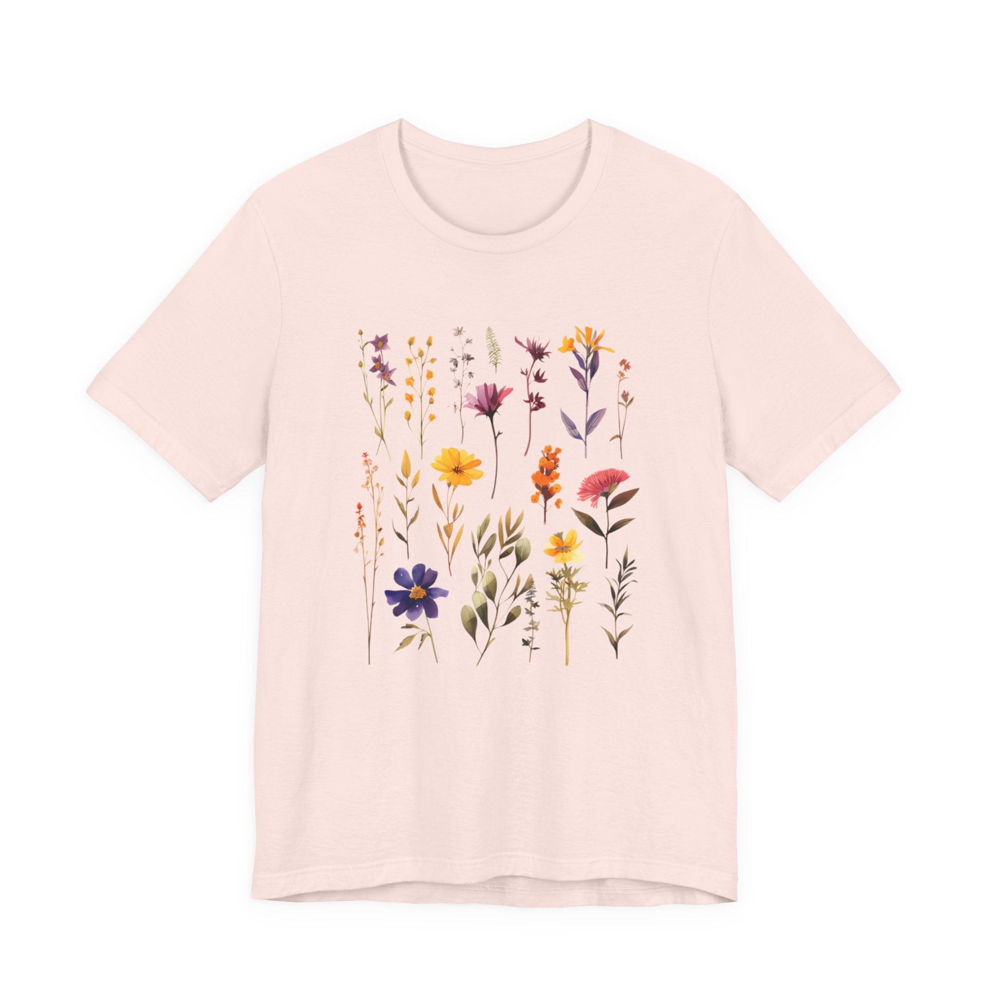 Pink t-shirt with floral design on a white background