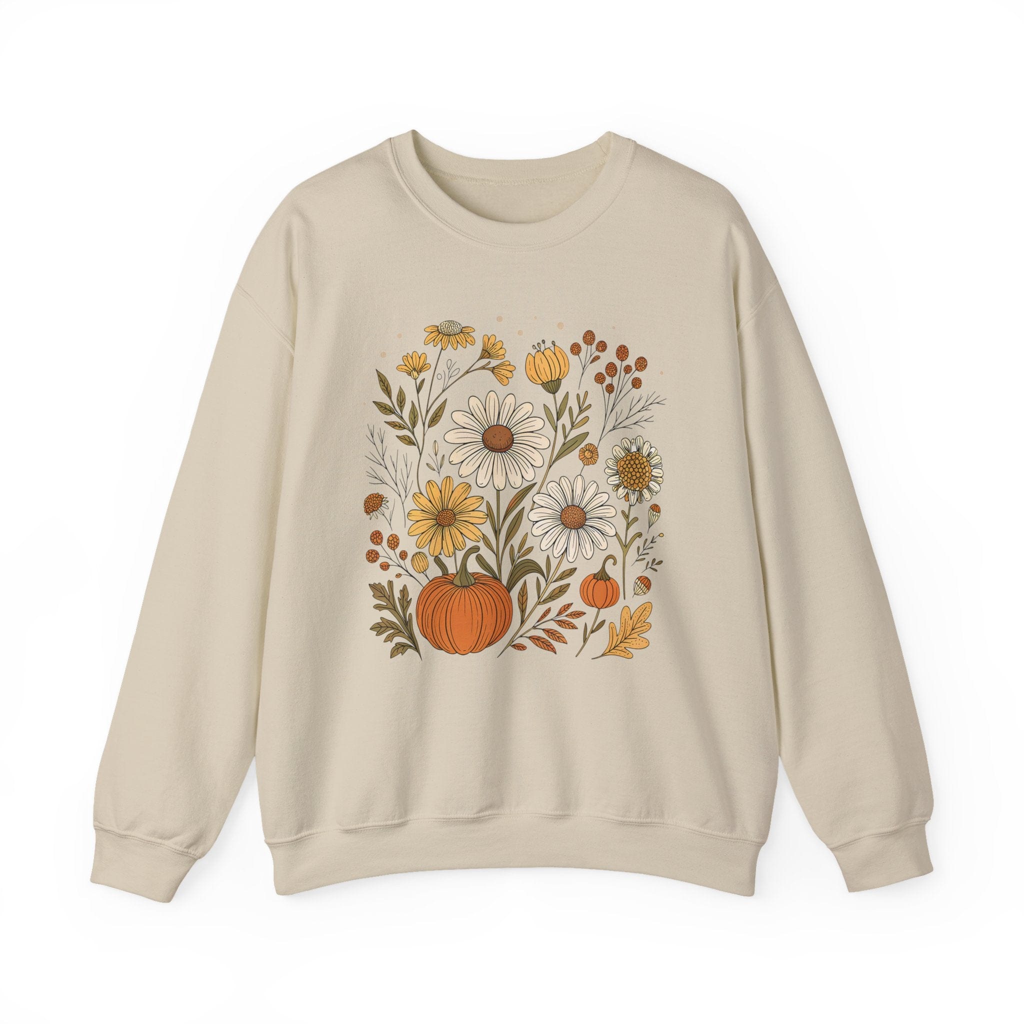 Beige sweatshirt with floral and pumpkin design on a white background