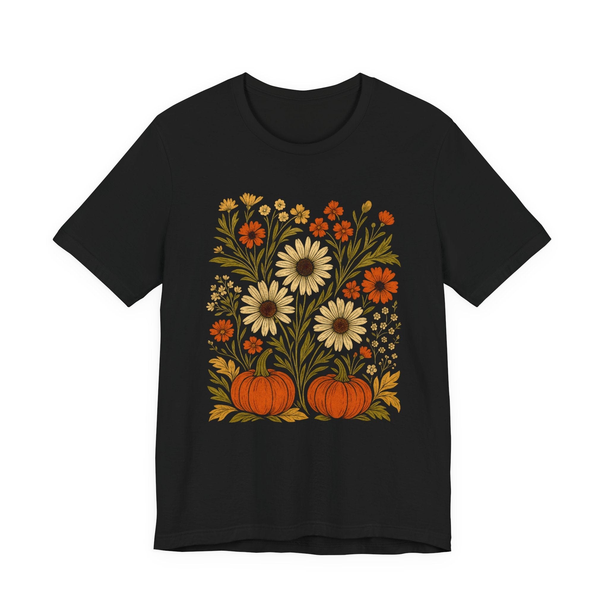 Black t-shirt with floral and pumpkin design on a white background