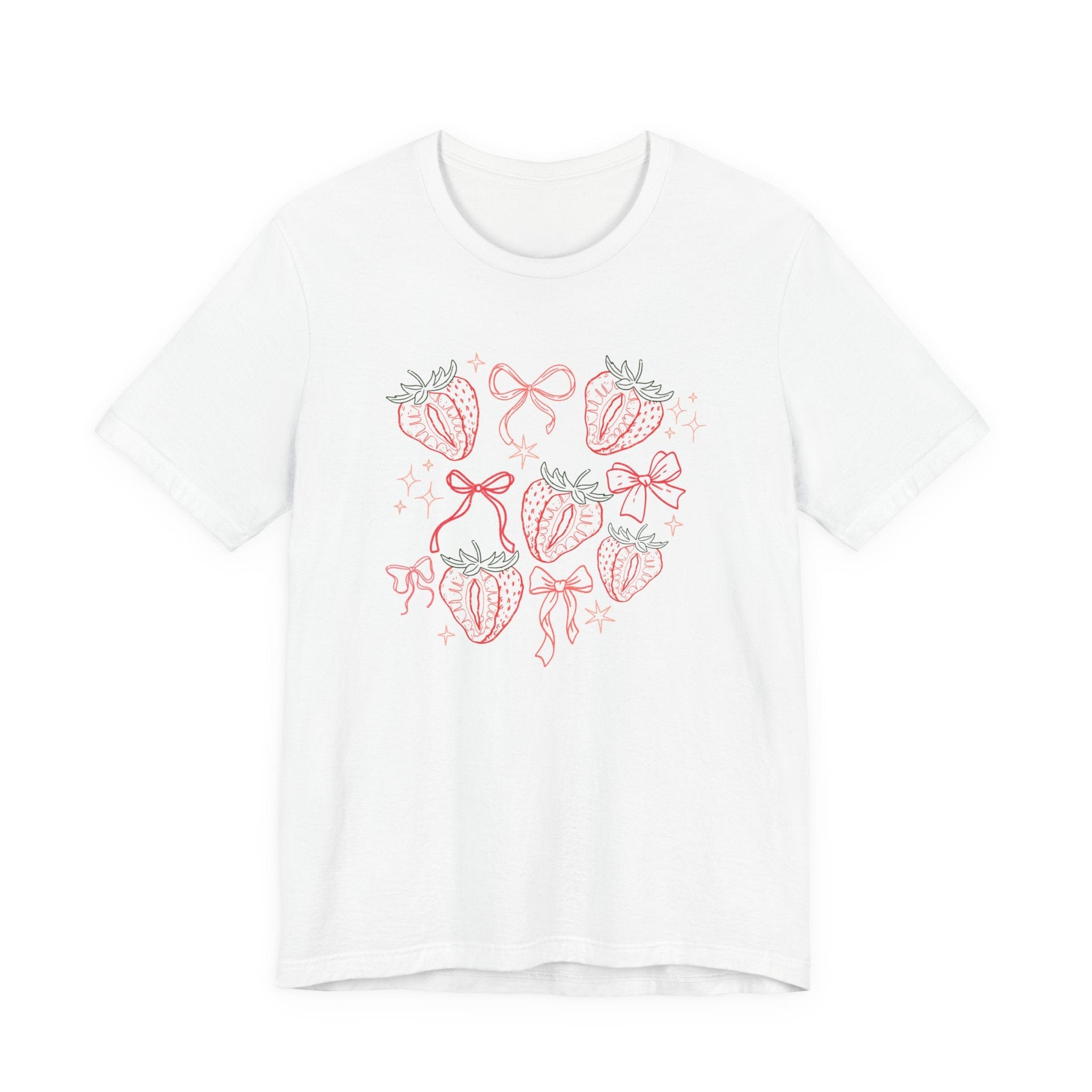 White t-shirt with strawberry and bow design on a white background