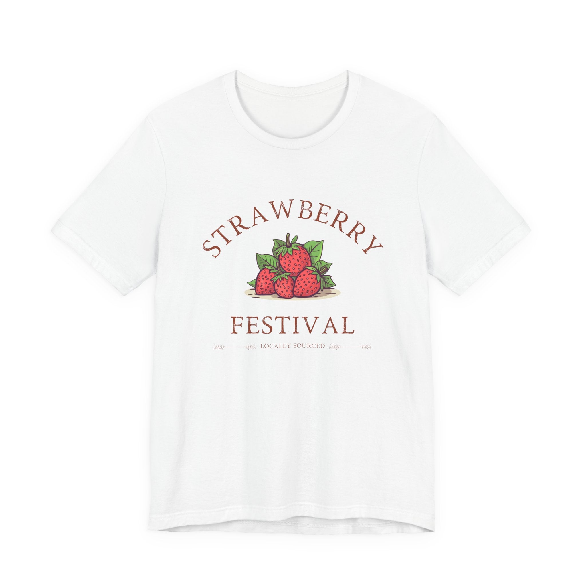 White t-shirt with 'Strawberry Festival' graphic on a white background
