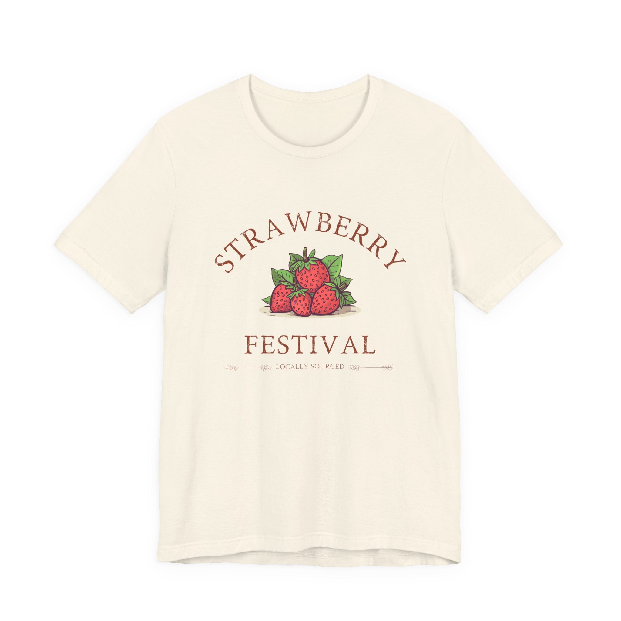 Beige t-shirt with 'Strawberry Festival' graphic on a white background