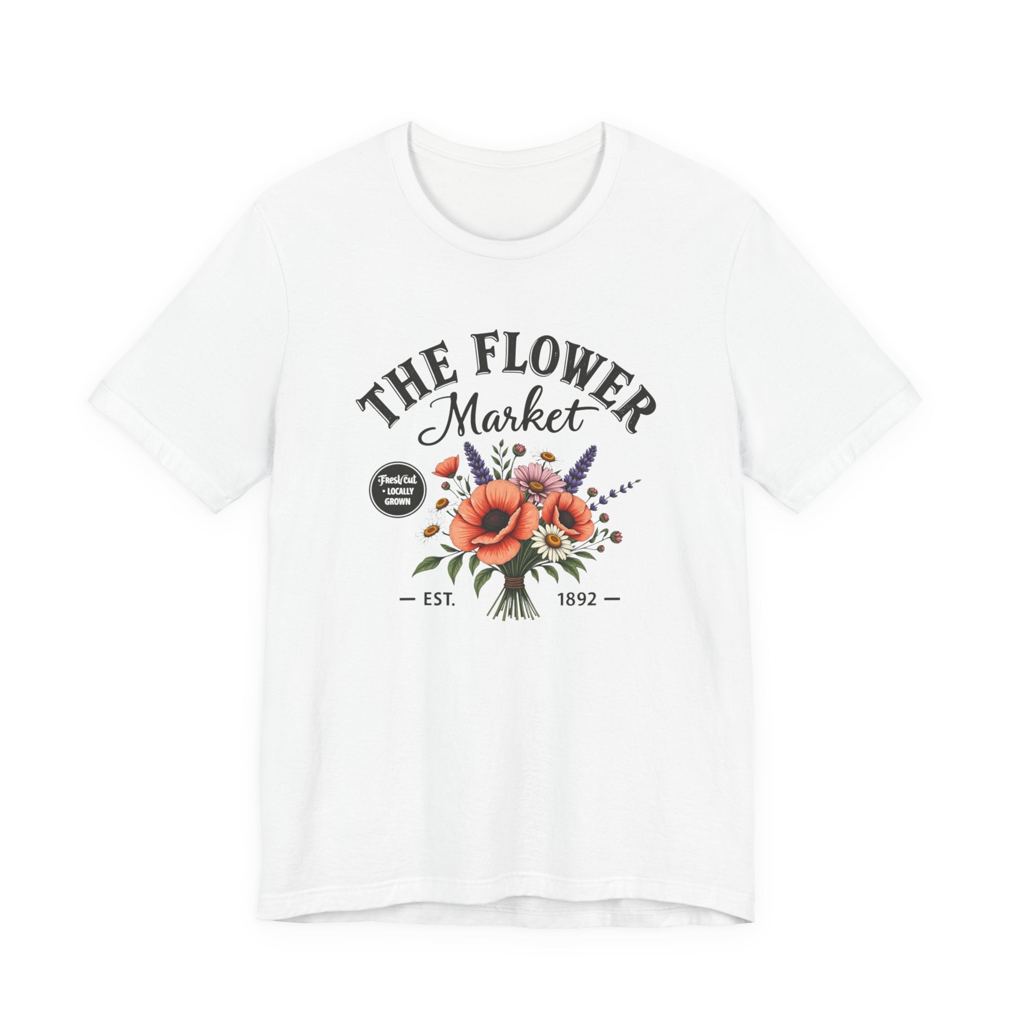 White t-shirt with 'The Flower Market' graphic design on a white background