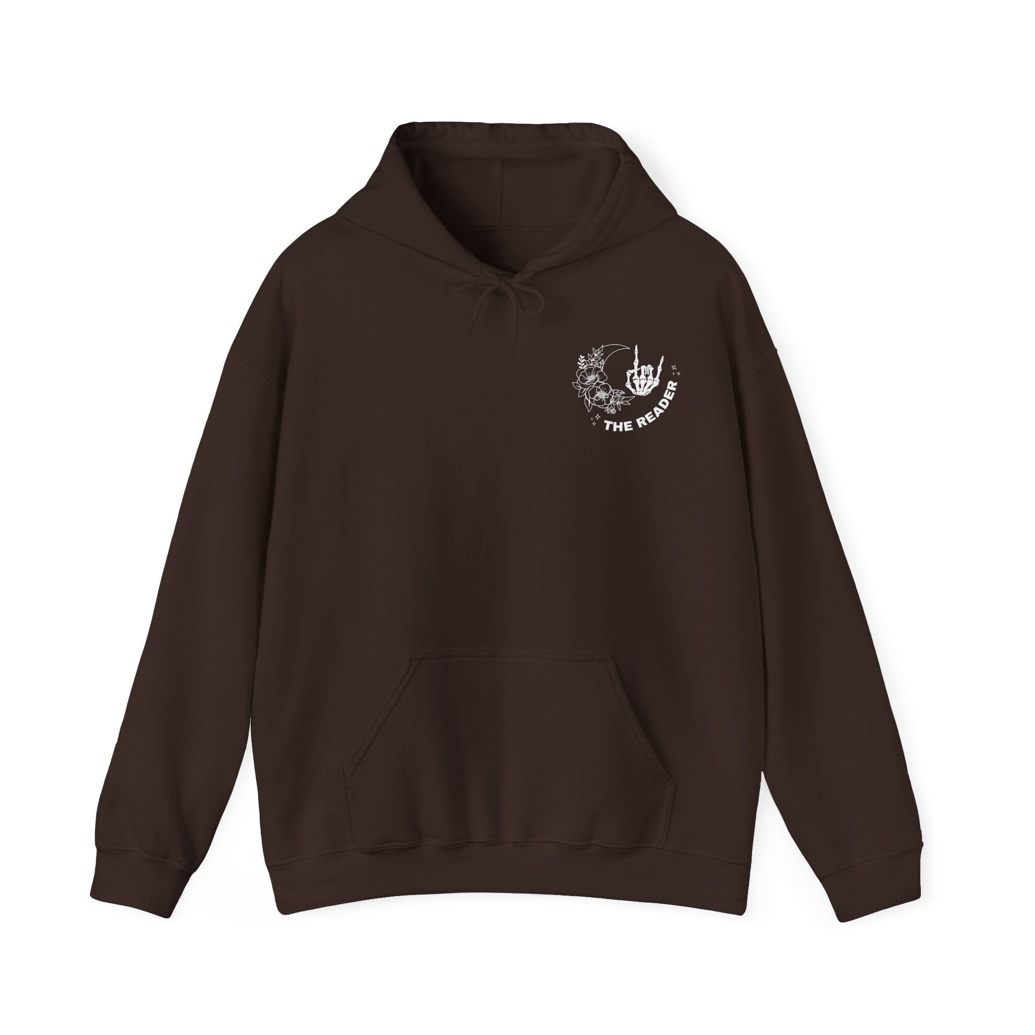 Brown hoodie with a white graphic on a white background