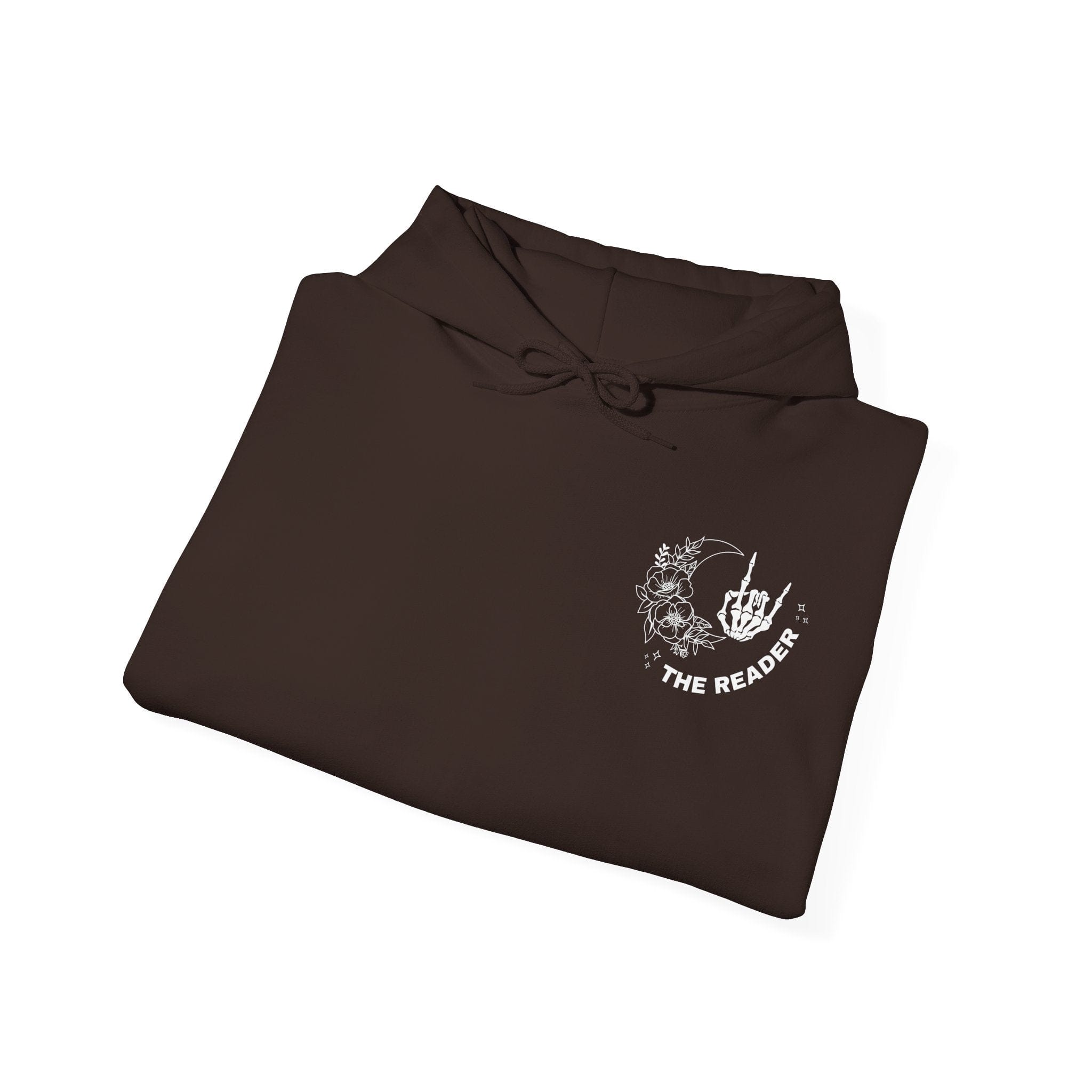 Folded brown hoodie with 'The Reader' logo on a white background