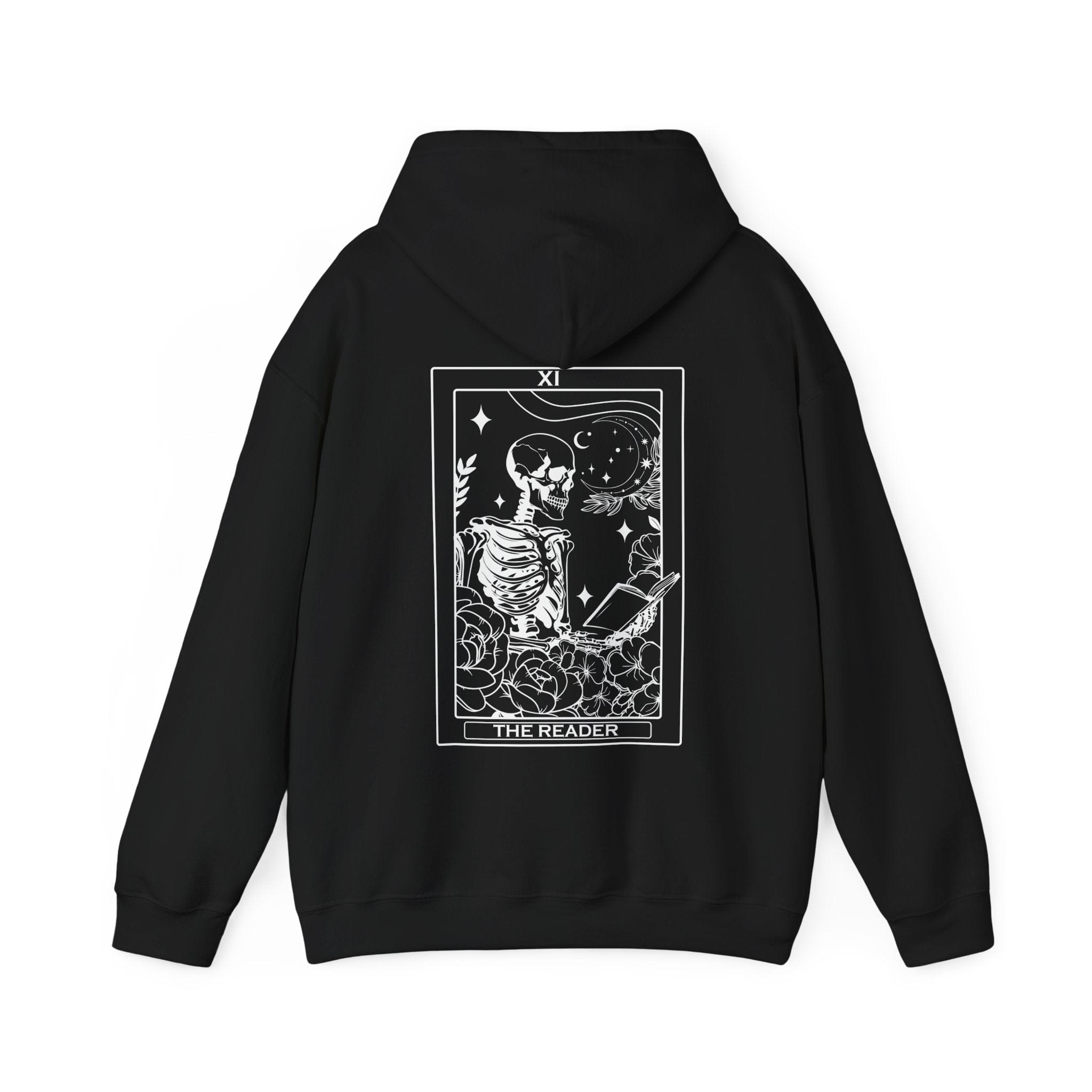 Black hoodie with a tarot card design on the back against a white background