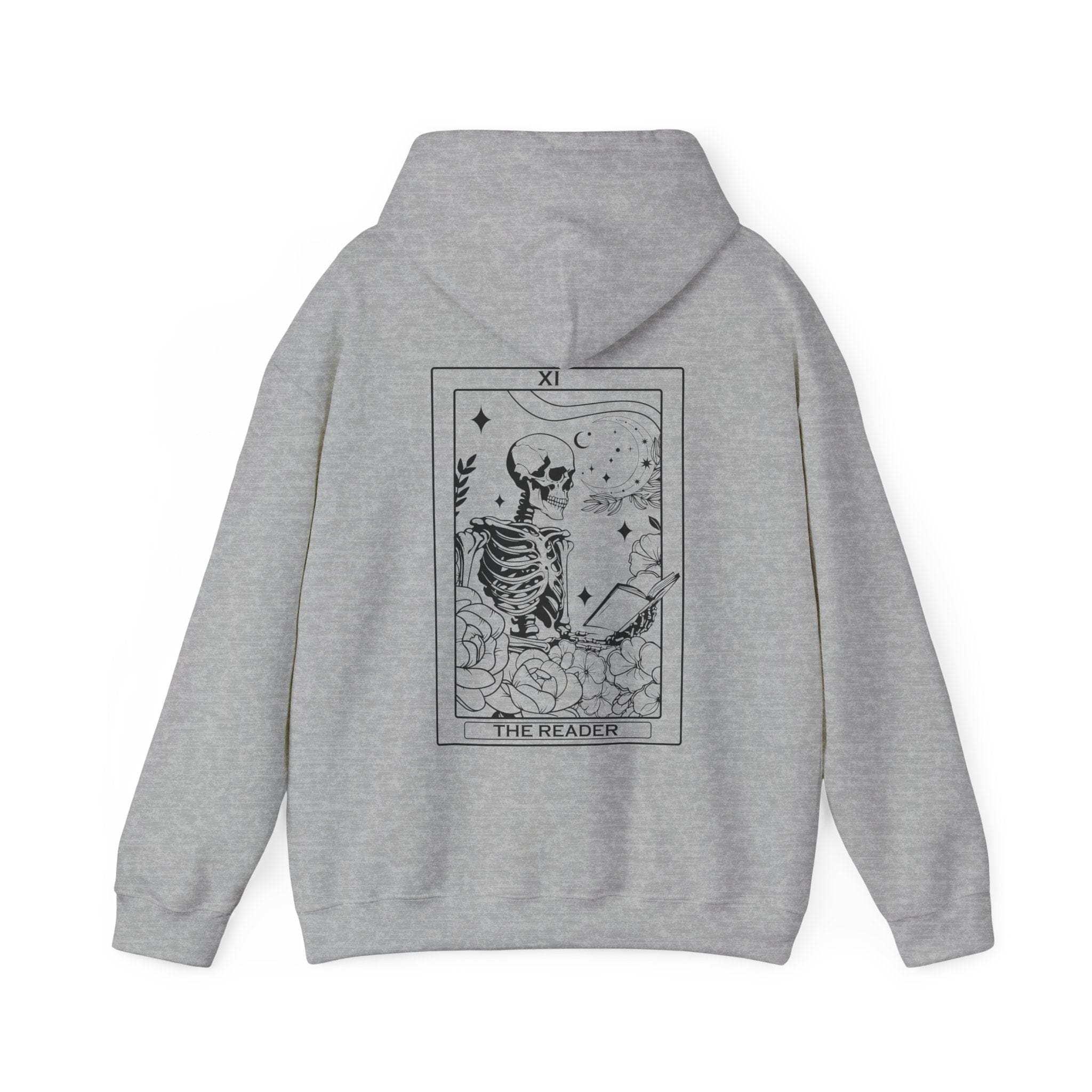 Gray hoodie with a skeleton design on the back on a white background