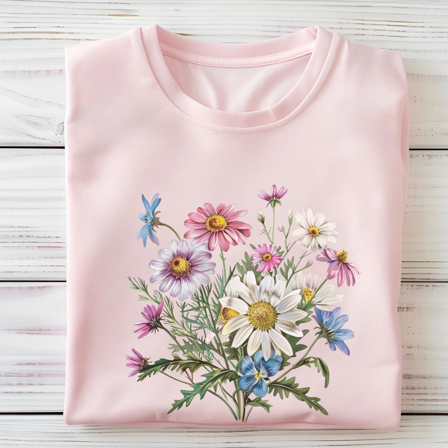 Pink long sleeve t-shirt with floral design on a wooden surface