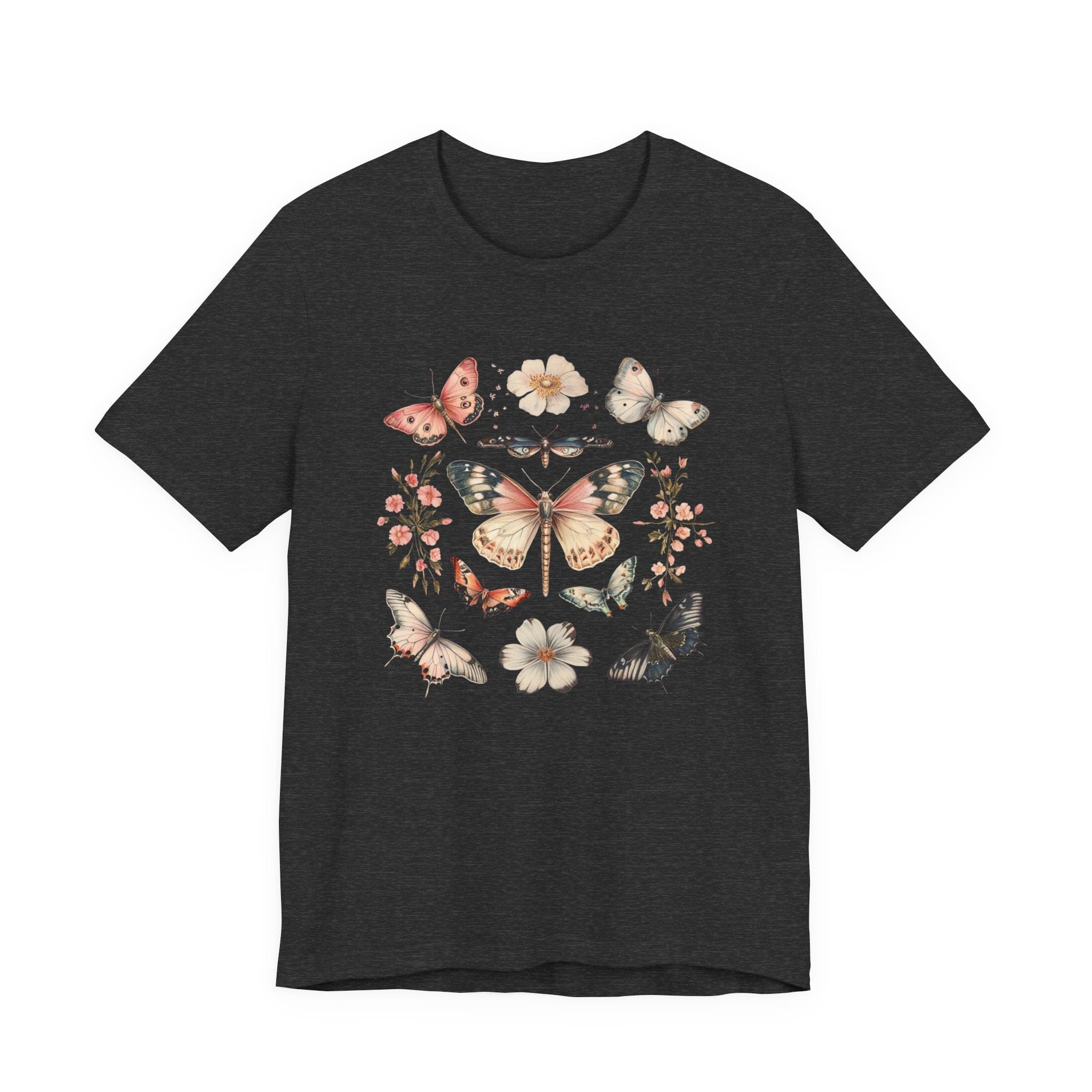 Flat lay of dark heather grey t-shirt featuring vintage butterfly and floral design