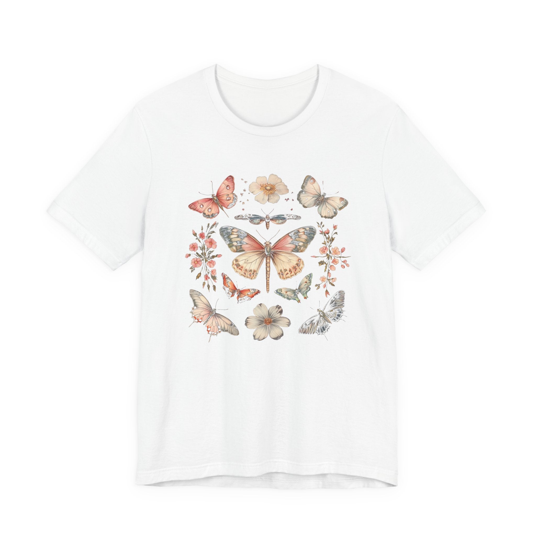 Flat lay of white t-shirt featuring vintage butterfly and floral design