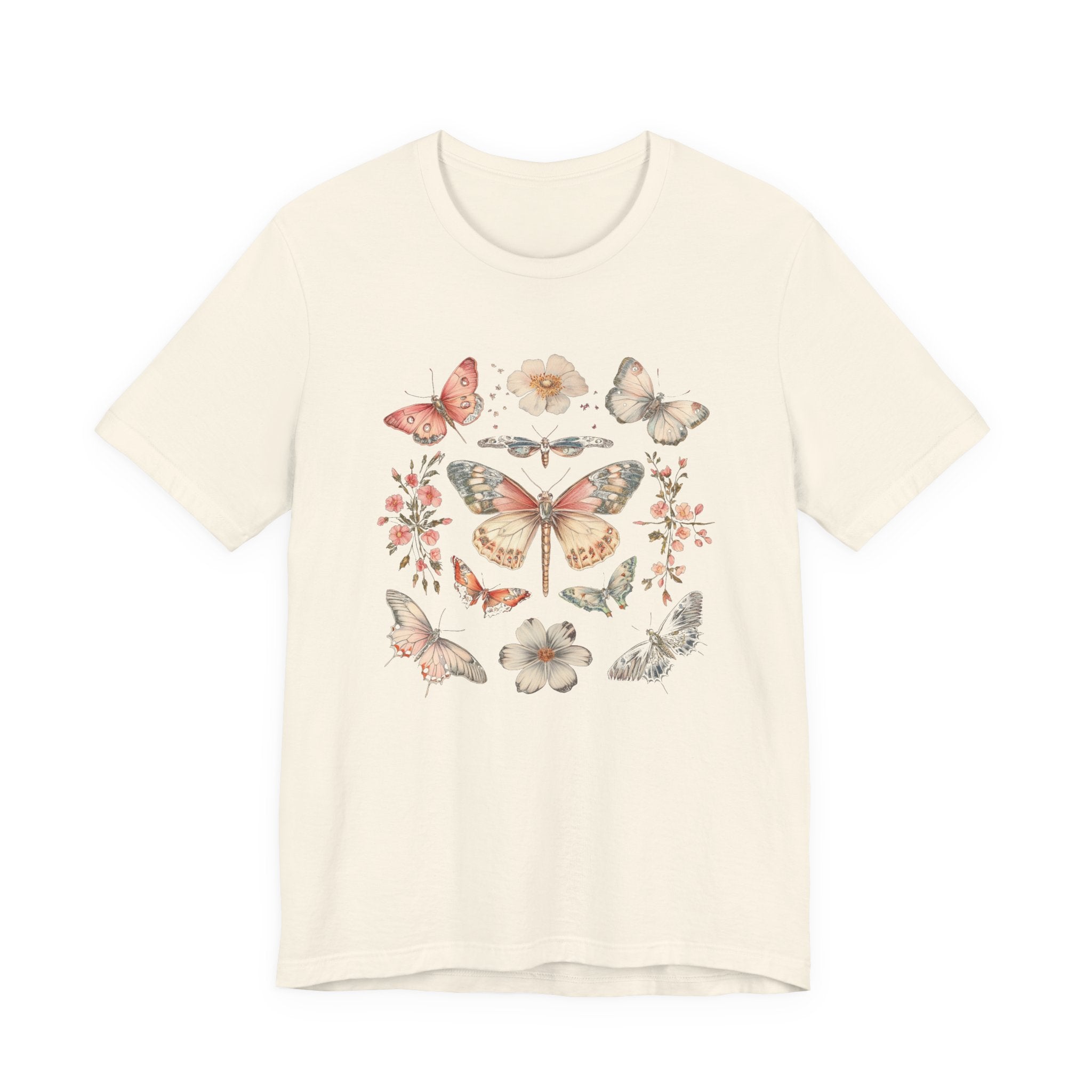 Flat lay of natural t-shirt featuring vintage butterfly and floral design