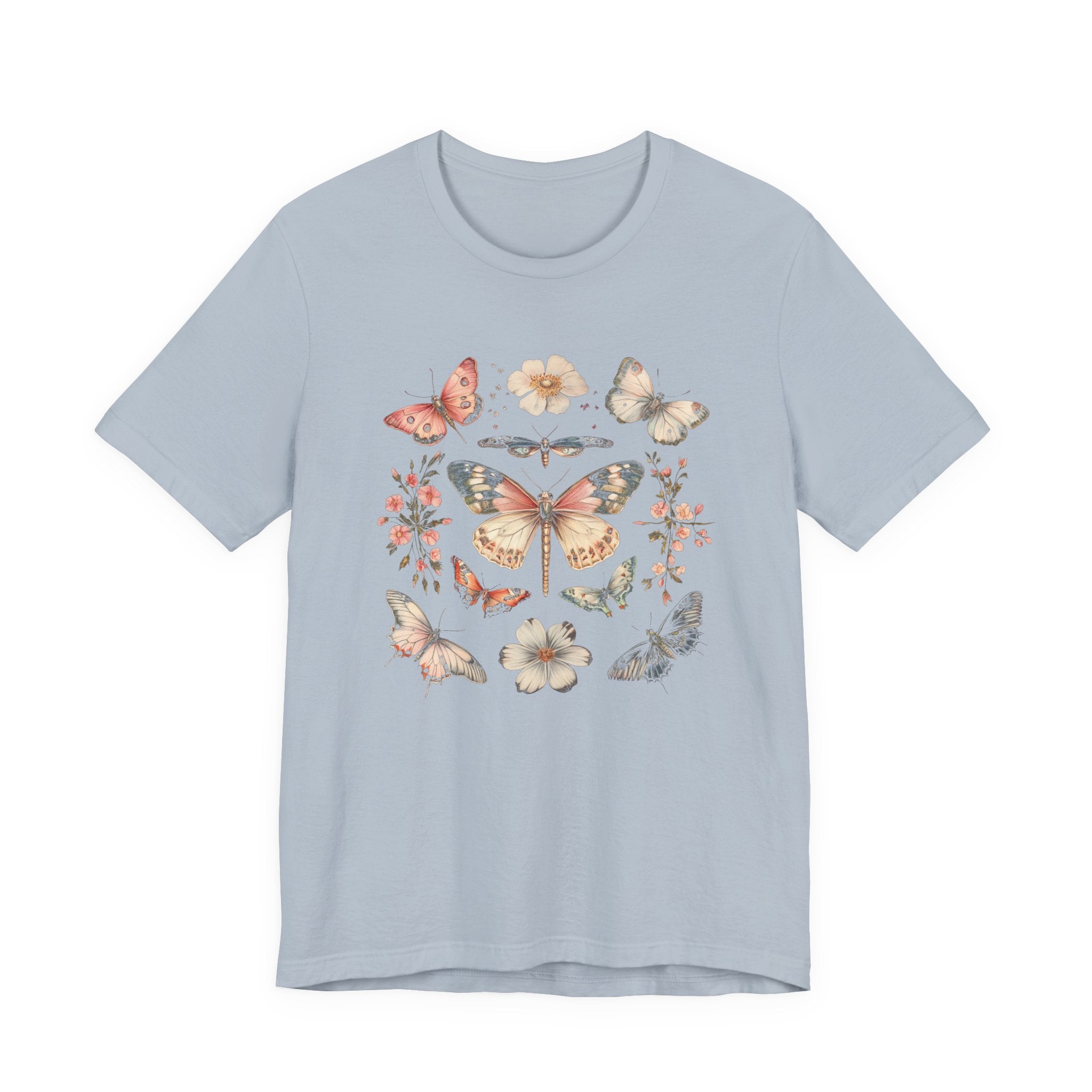 Flat lay of light blue t-shirt featuring vintage butterfly and floral design