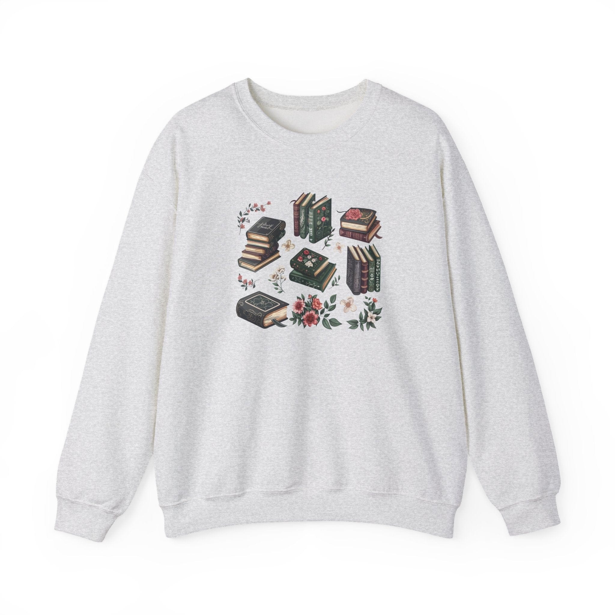 Gray sweatshirt with book and flower design on a white background