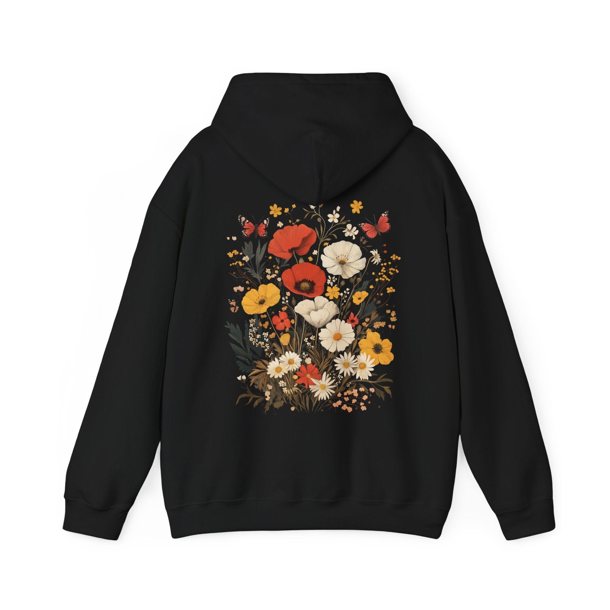 Black hoodie with floral design on the back against a white background