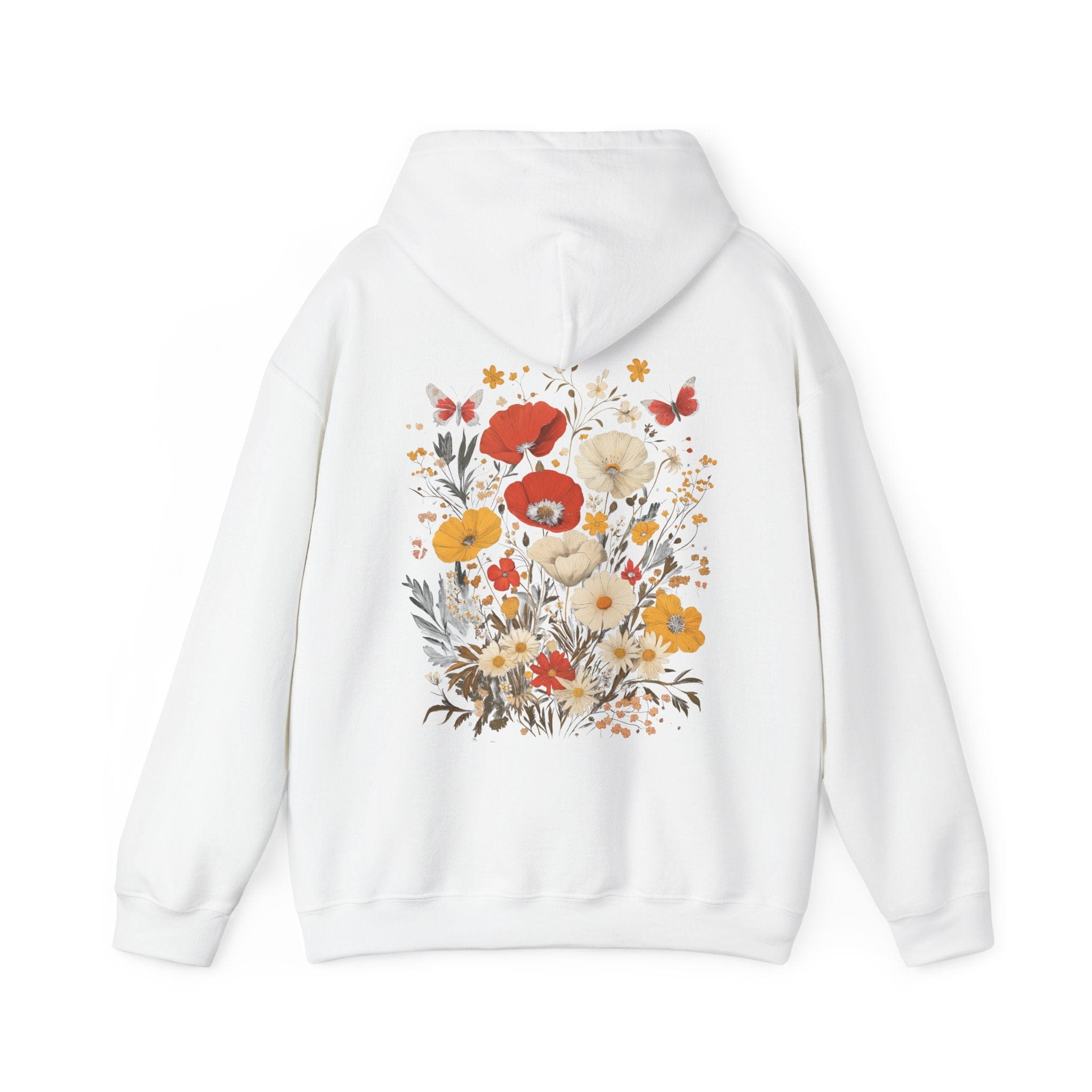 White hoodie with floral design on the back against a white background