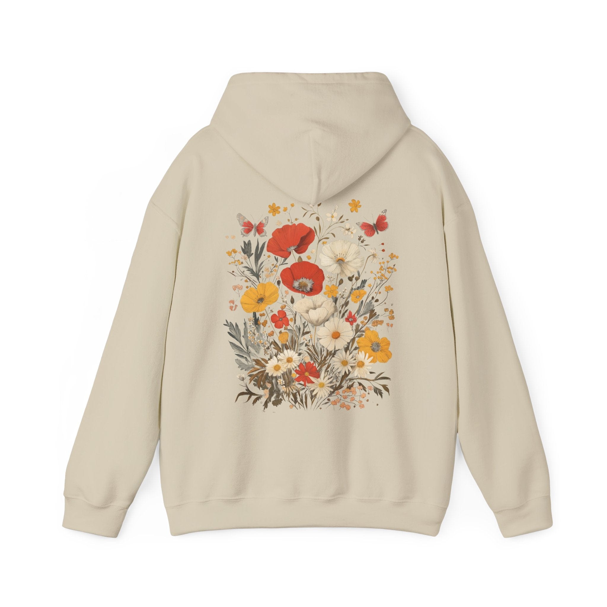 Beige hoodie with a floral design on the back against a white background