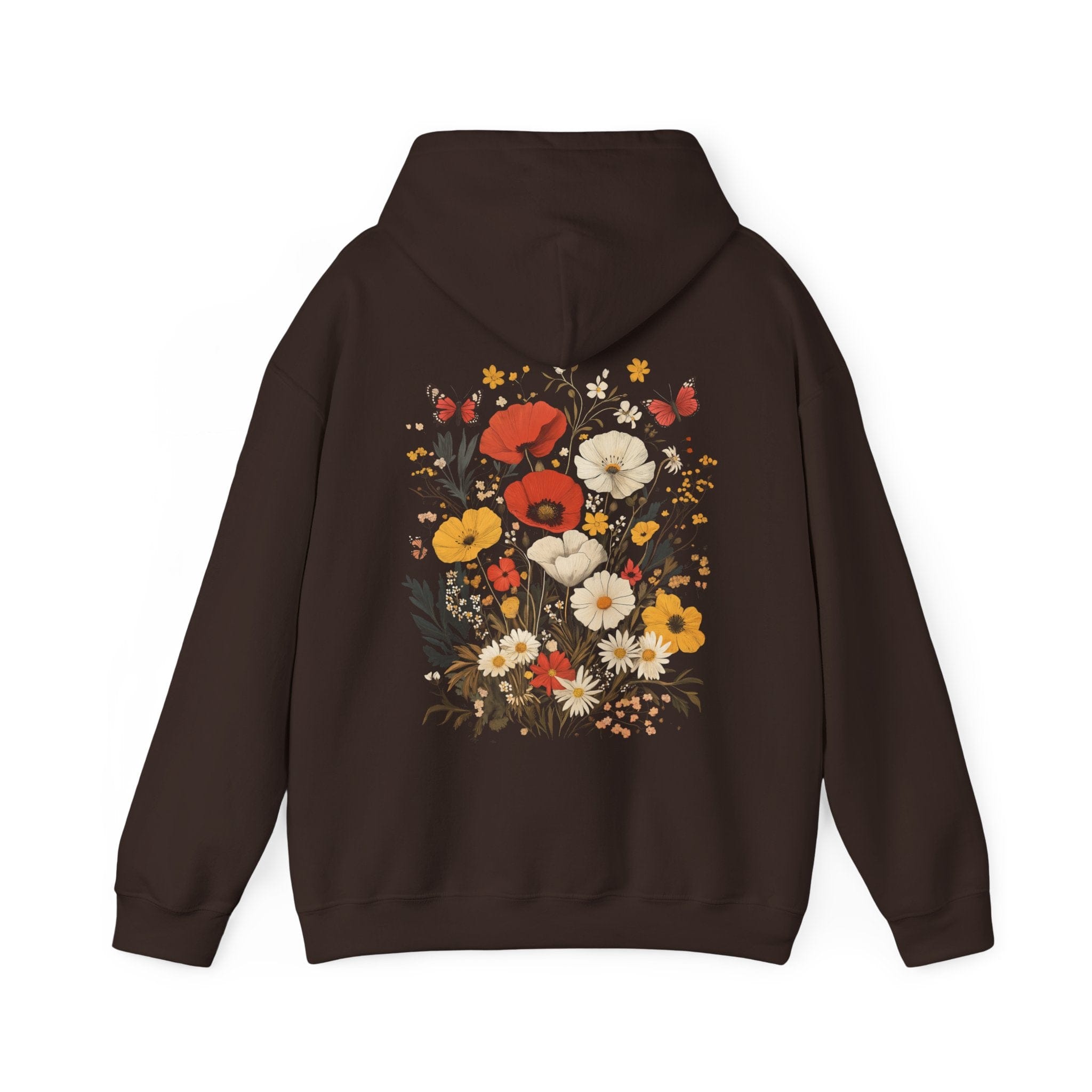 Brown hoodie with floral design on the back against a white background