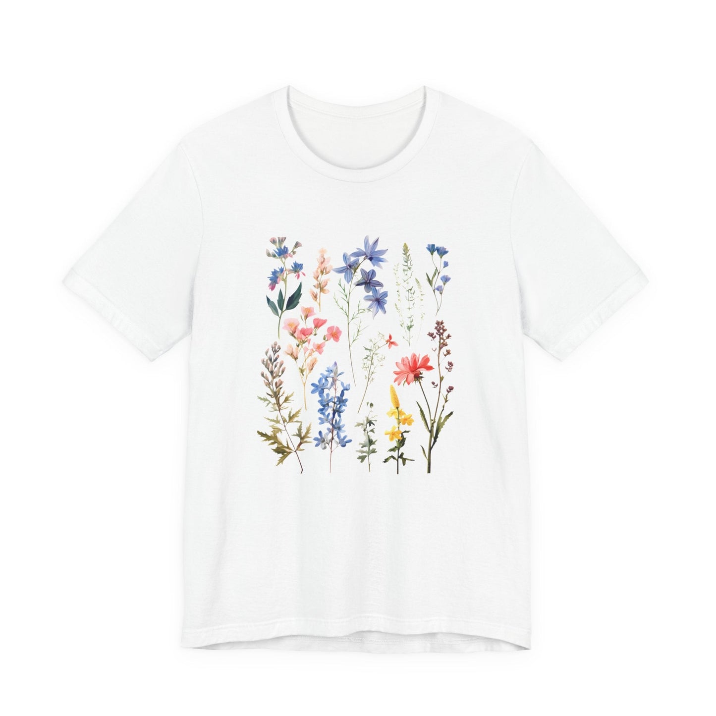 Flat lay of white t-shirt with vintage wildflower print