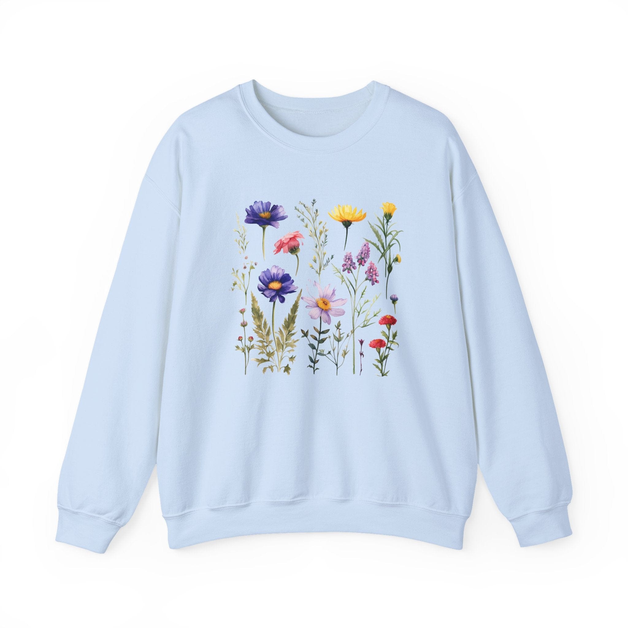 Light blue sweatshirt with colorful floral design on a white background