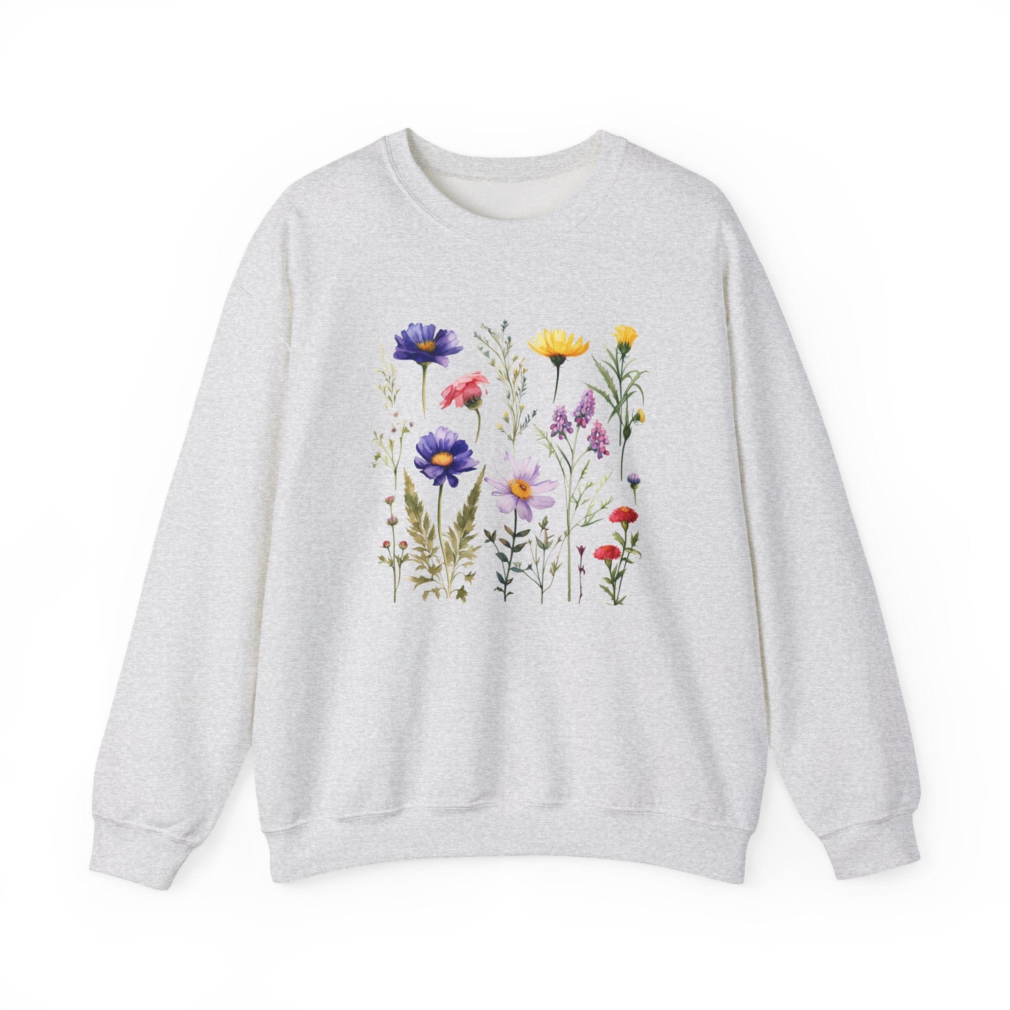 Gray sweatshirt with colorful floral design on a white background
