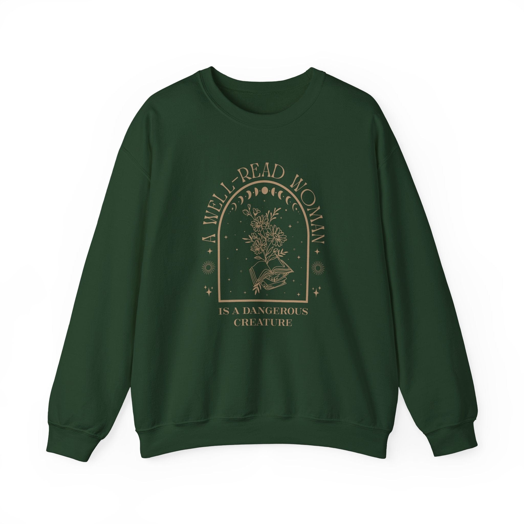 Green sweatshirt with 'A Well-Read Woman is a Dangerous Creature' text on a white background
