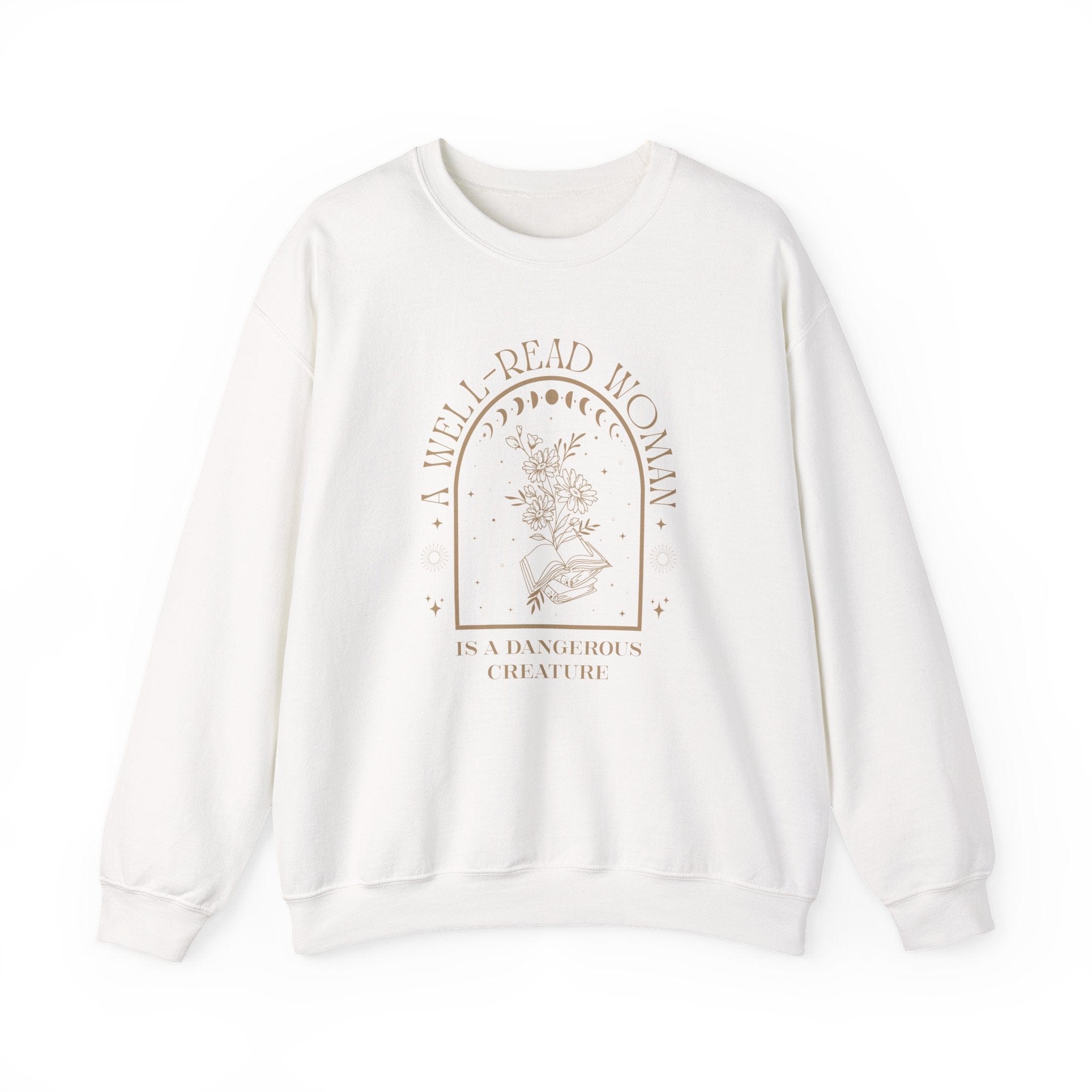 White sweatshirt with 'A Well-Read Woman is a Dangerous Creature' text on a white background